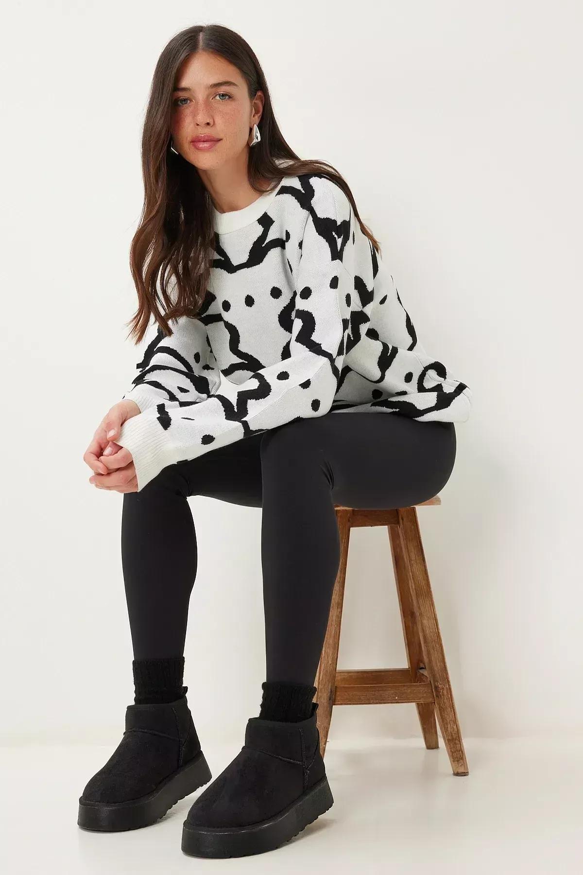 Ecru Patterned Thick Knitwear Sweater, Ecru, large image number 0