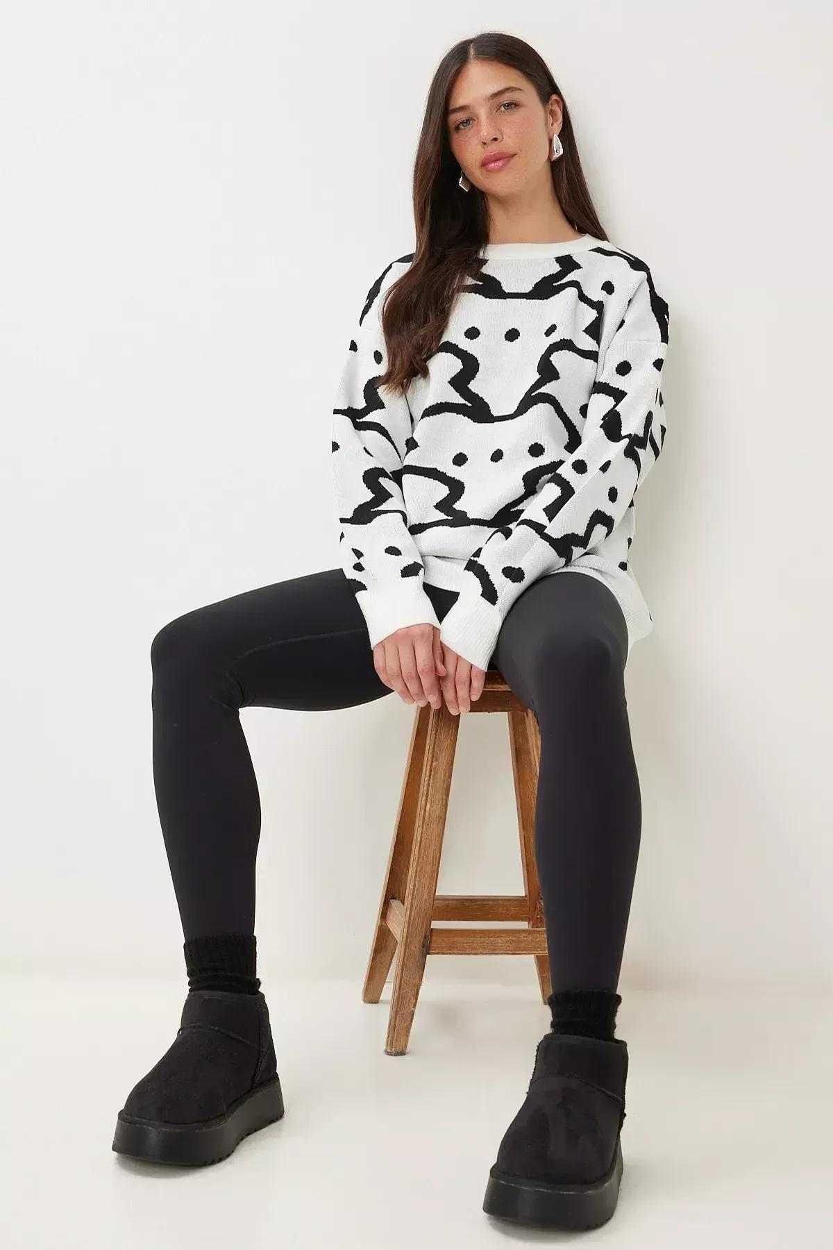 Ecru Patterned Thick Knitwear Sweater, Ecru, large image number 1