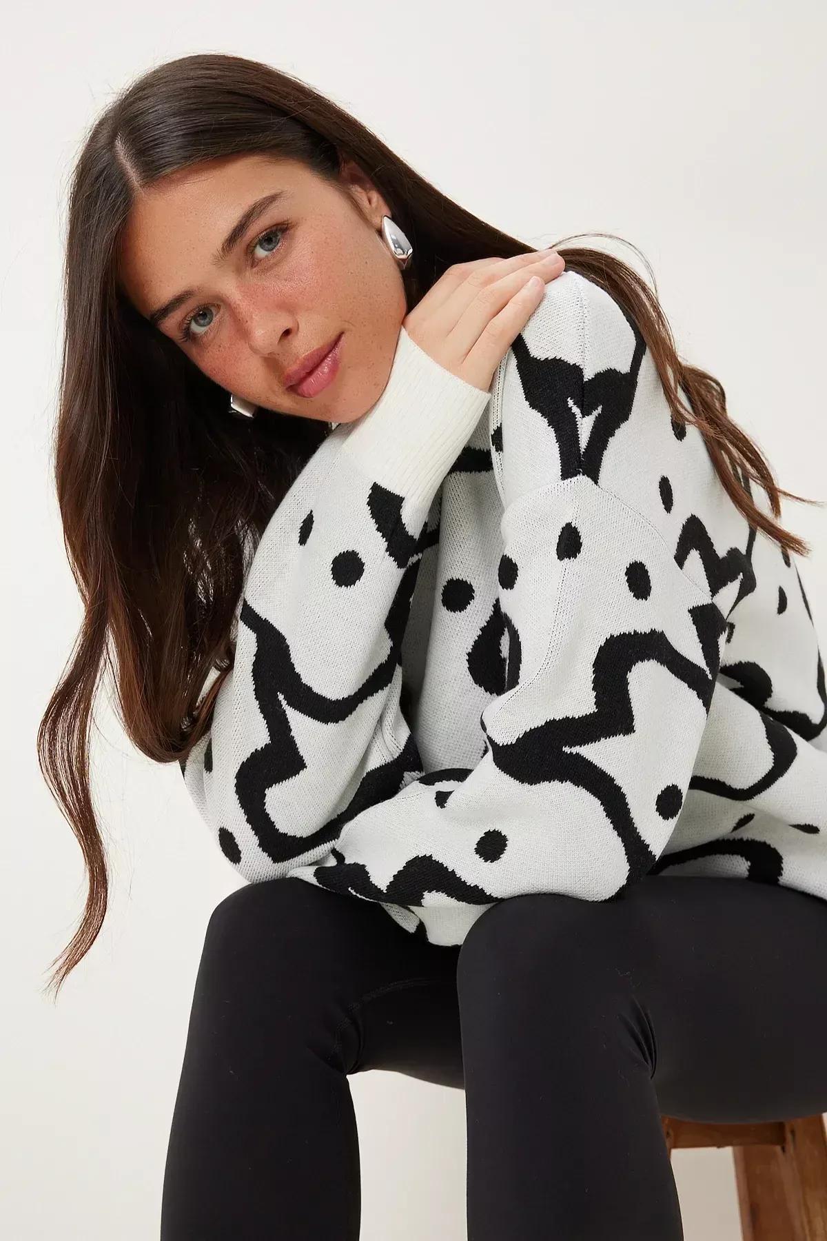 Ecru Patterned Thick Knitwear Sweater, Ecru, large image number 2