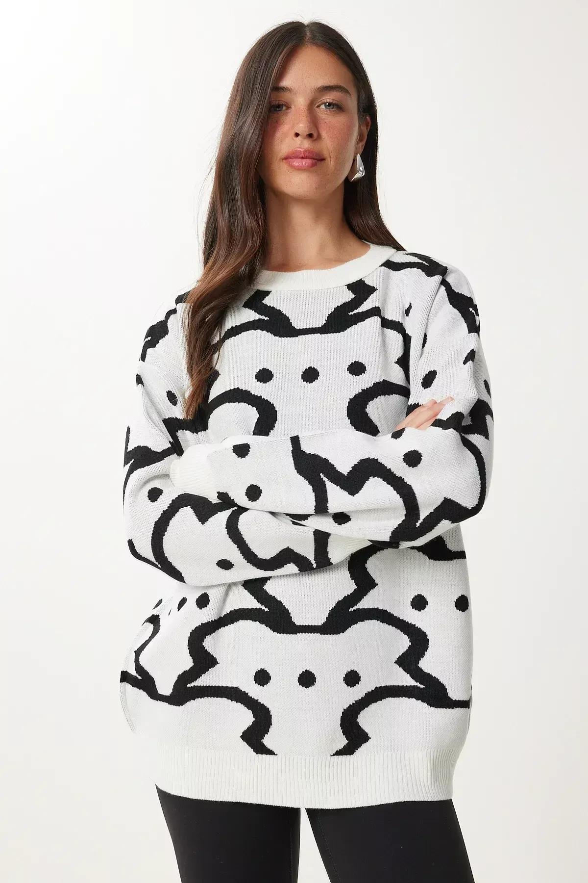 Ecru Patterned Thick Knitwear Sweater, Ecru, large image number 3