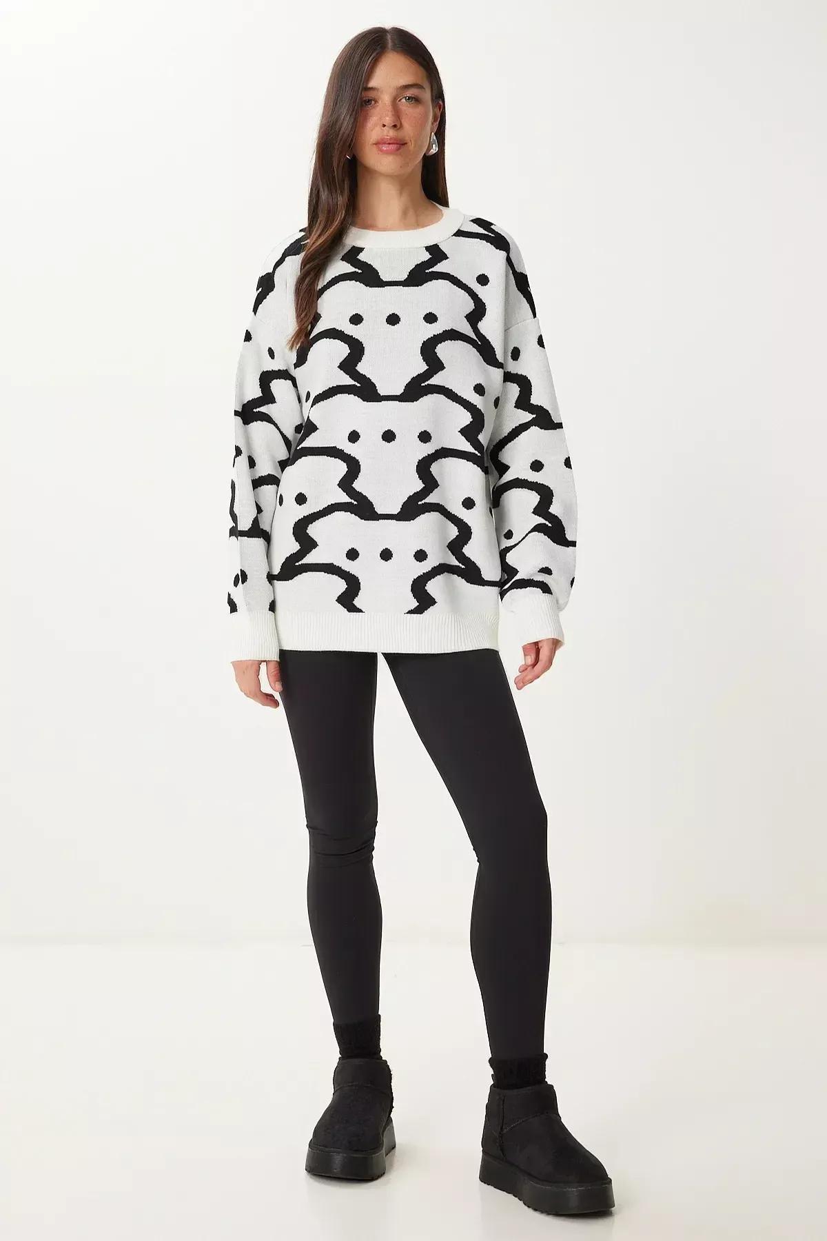 Ecru Patterned Thick Knitwear Sweater, Ecru, large image number 4