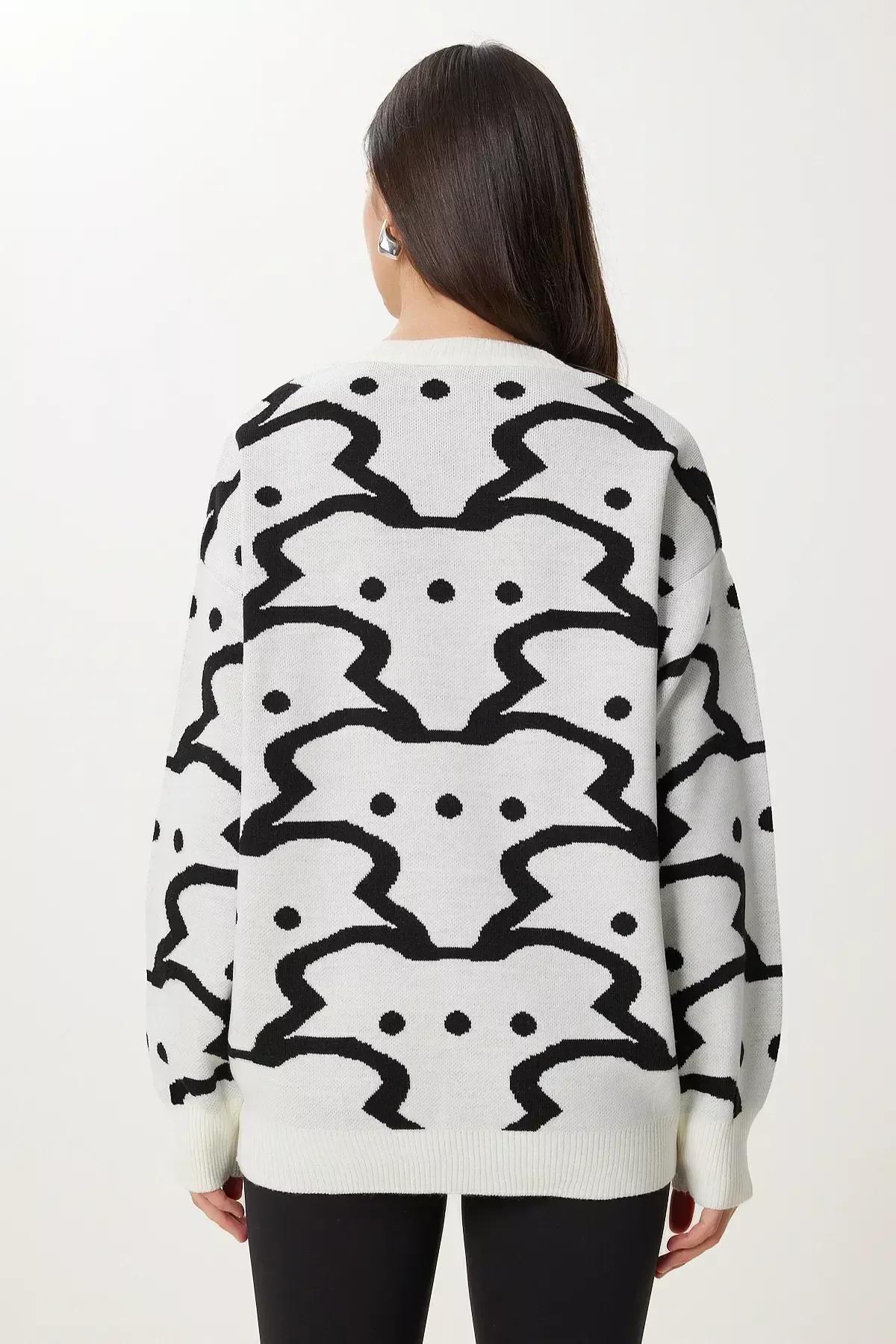 Ecru Patterned Thick Knitwear Sweater, Ecru, large image number 5