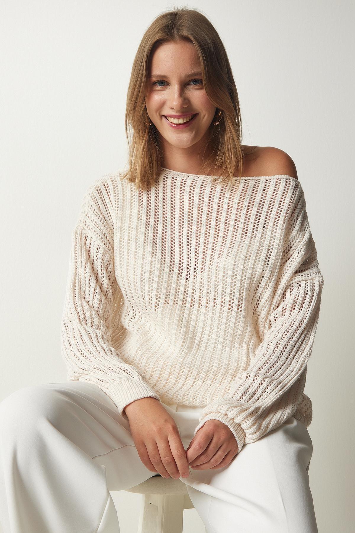 Cream Boat Neck Openwork Sweater, Cream, large image number 1