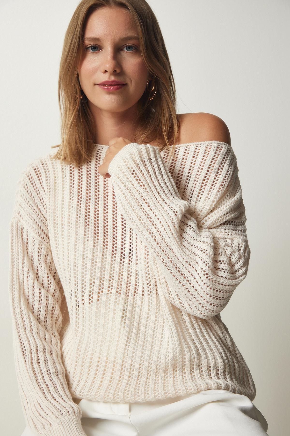 Cream Boat Neck Openwork Sweater, Cream, large image number 2