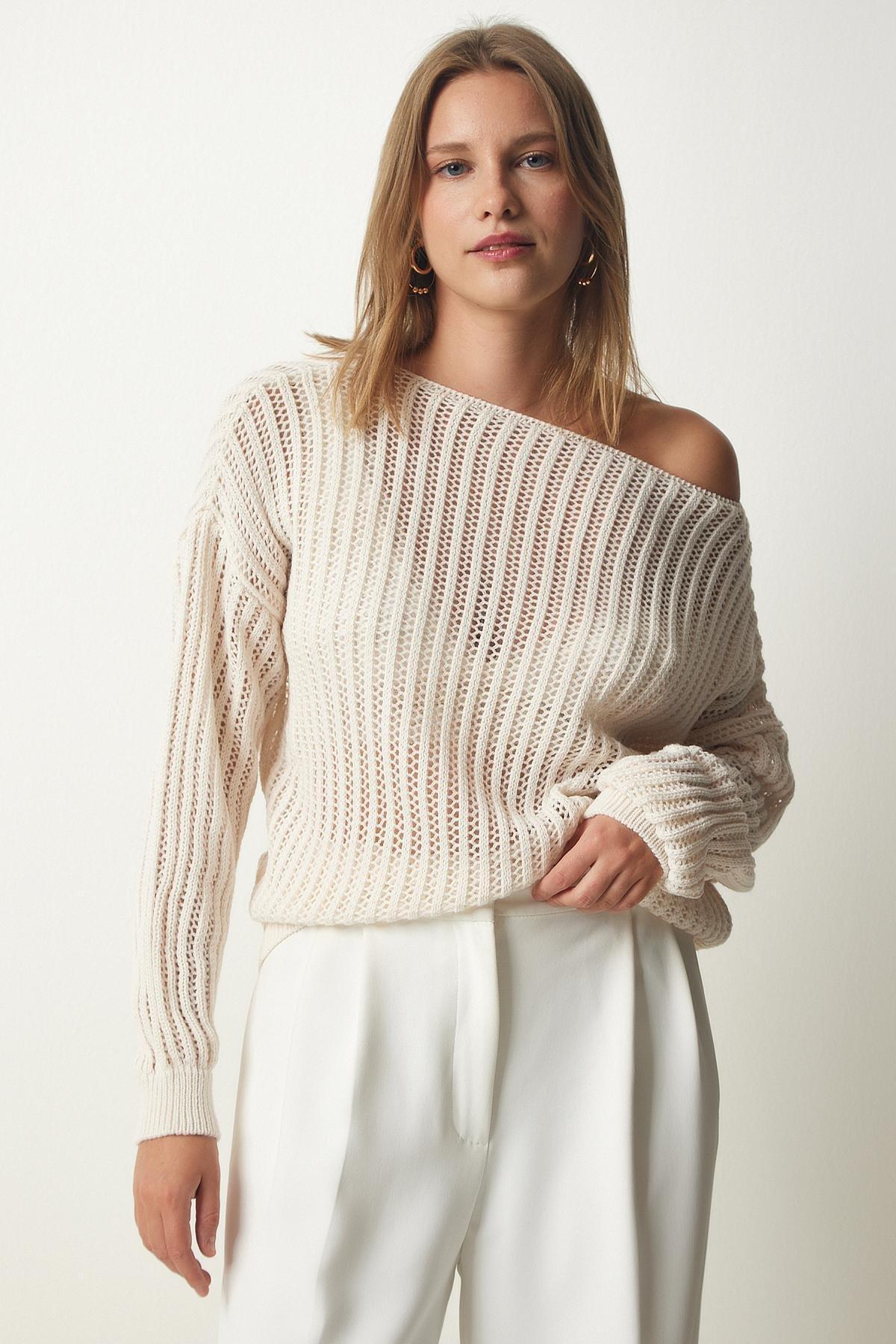 Cream Boat Neck Openwork Sweater, Cream, large image number 3