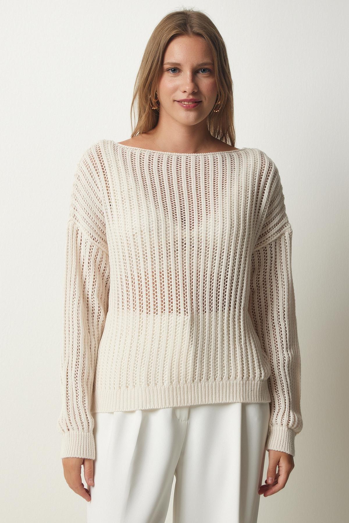 Cream Boat Neck Openwork Sweater, Cream, large image number 4