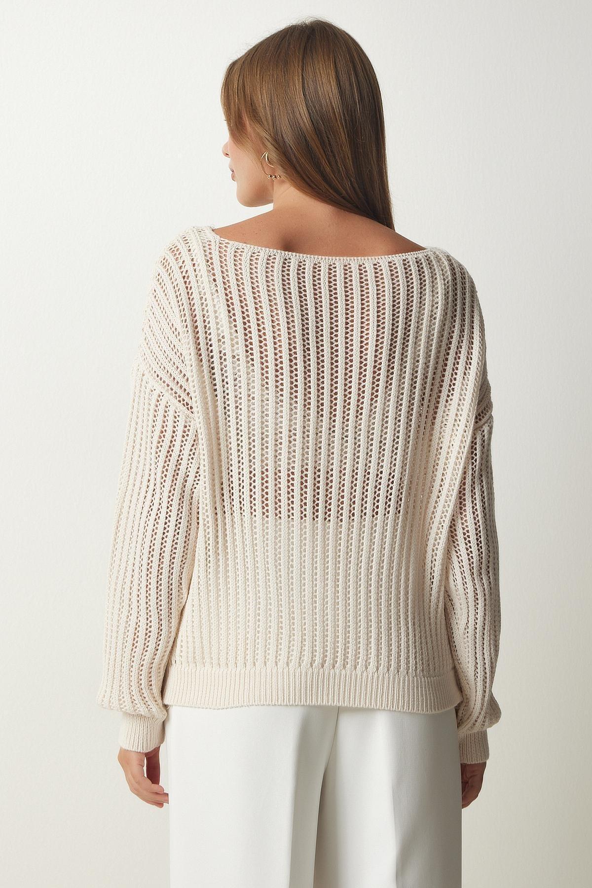 Cream Boat Neck Openwork Sweater, Cream, large image number 5