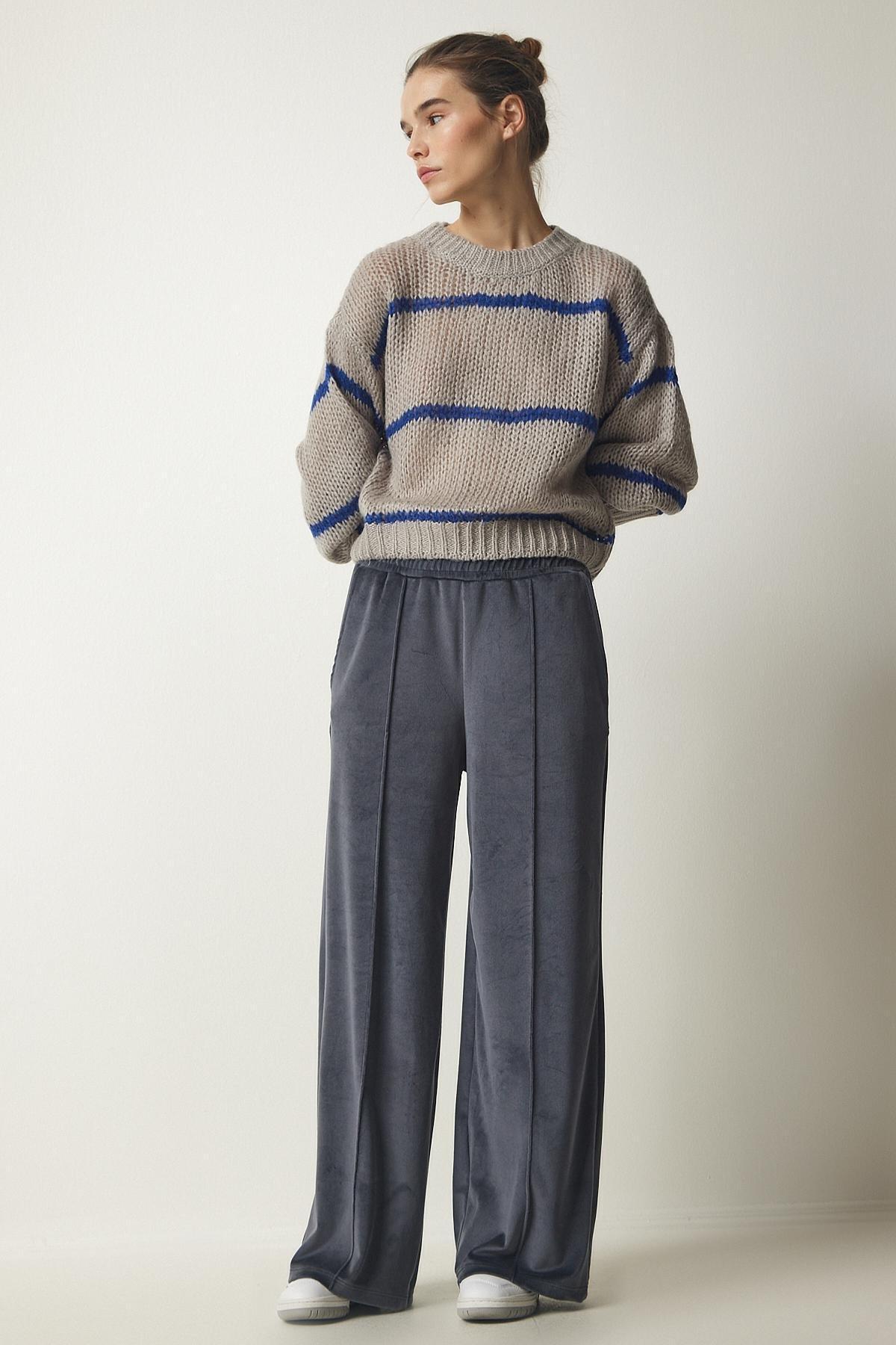 Grey Palazzo Velvet Trousers, , large image number 0