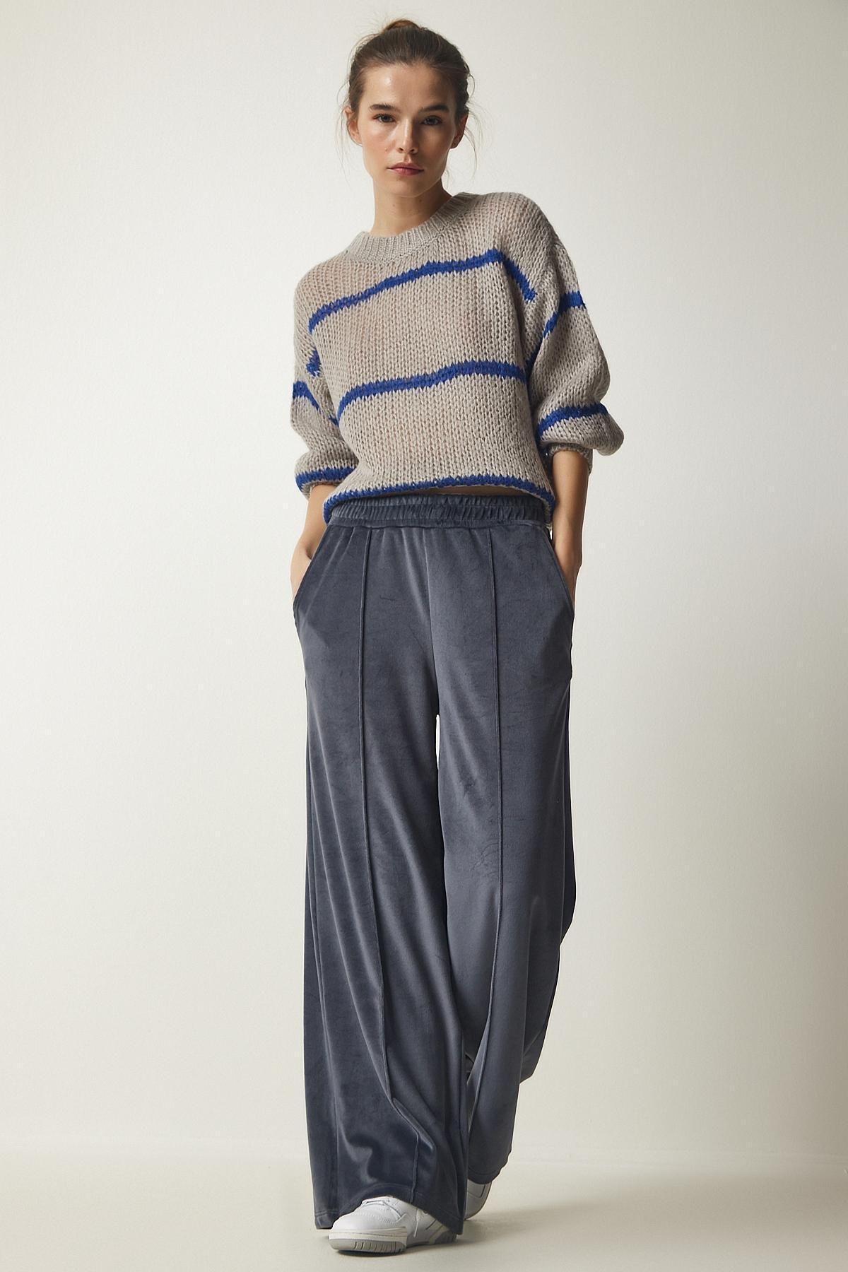 Grey Palazzo Velvet Trousers, , large image number 1