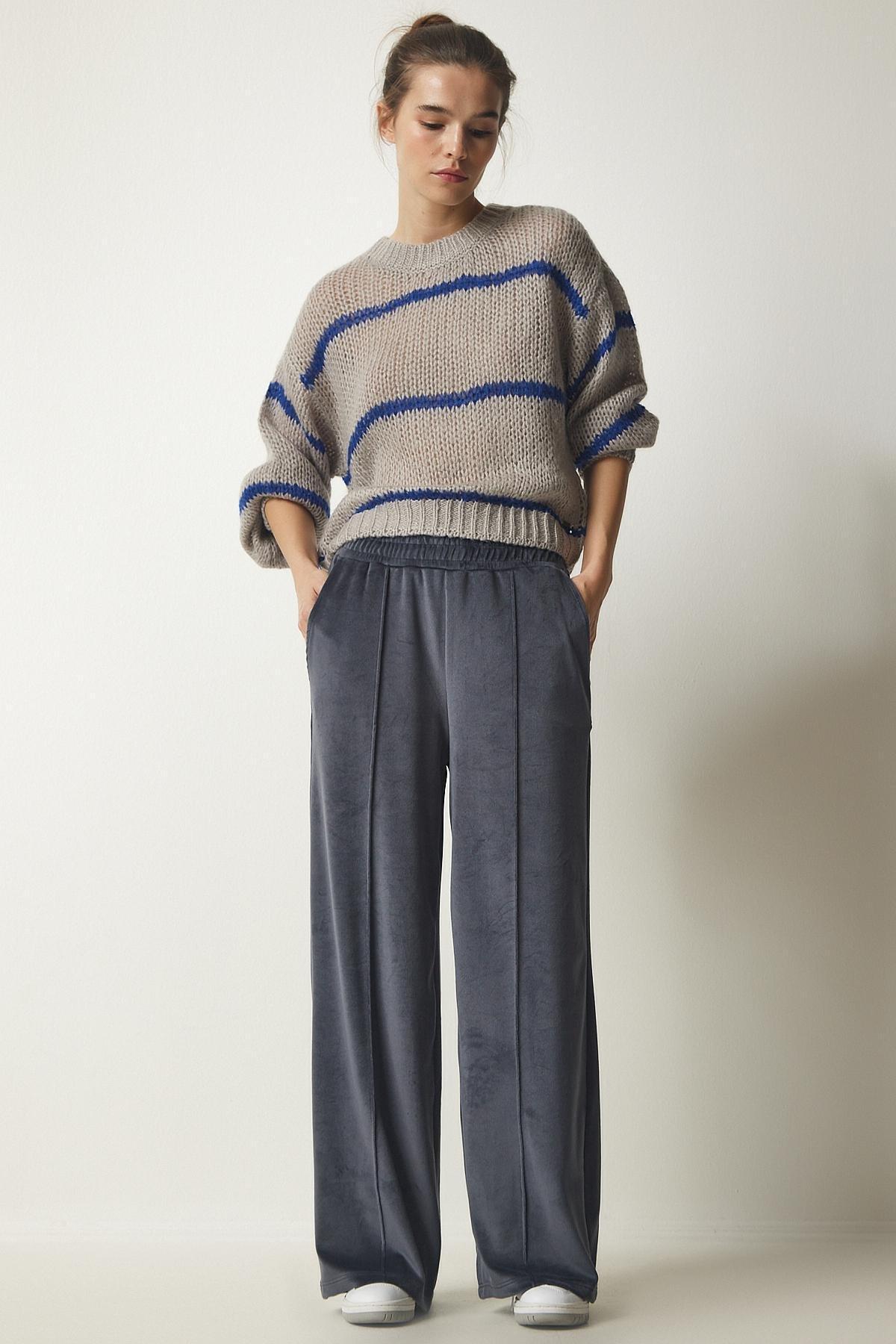 Grey Palazzo Velvet Trousers, , large image number 2