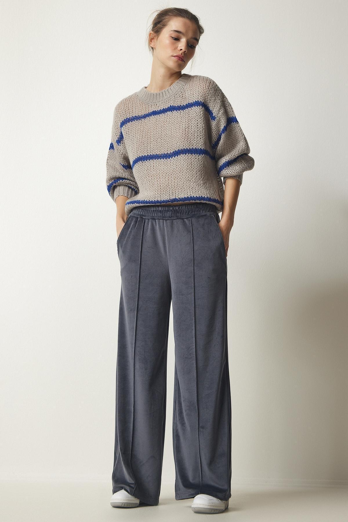 Grey Palazzo Velvet Trousers, , large image number 3