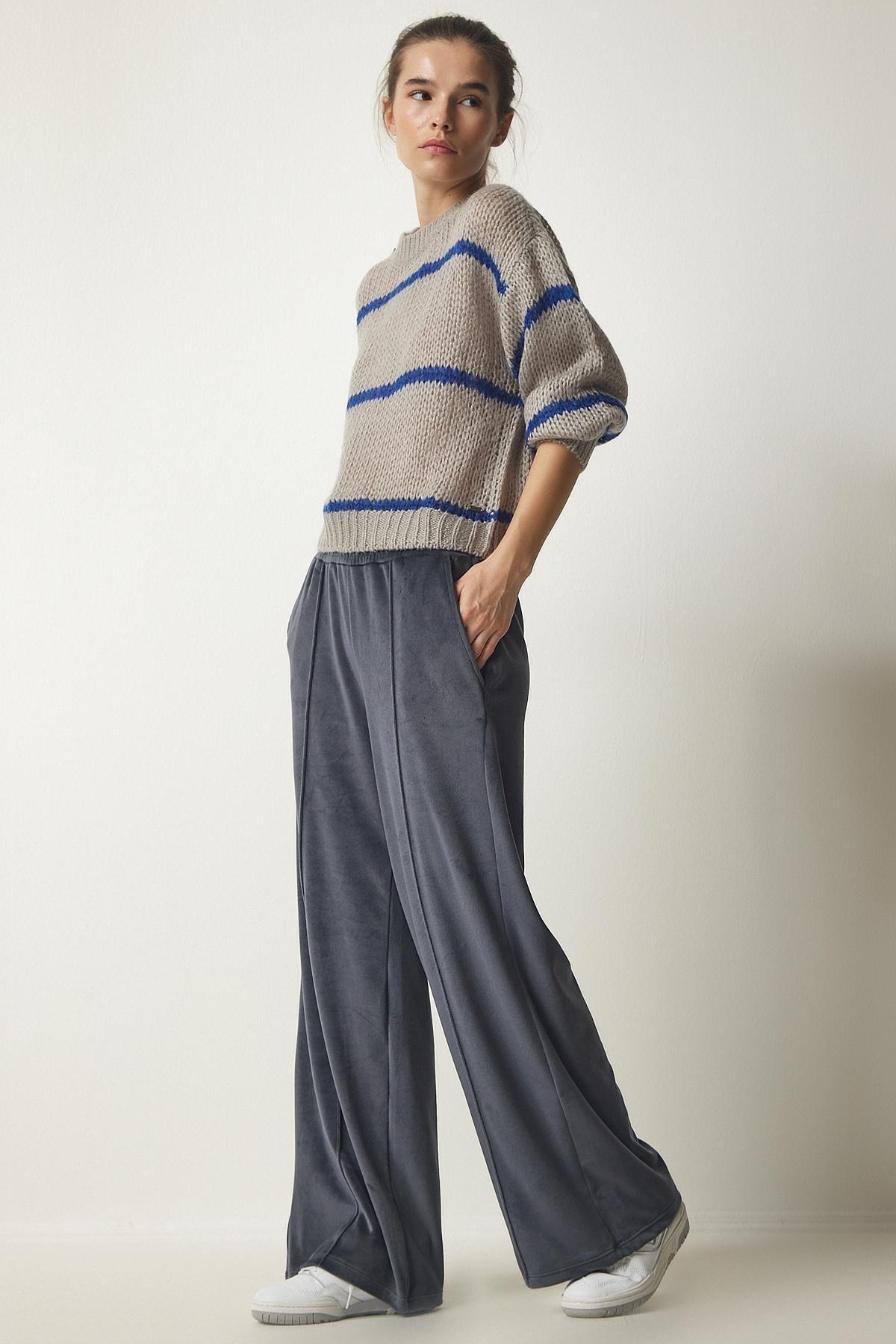 Grey Palazzo Velvet Trousers, , large image number 4