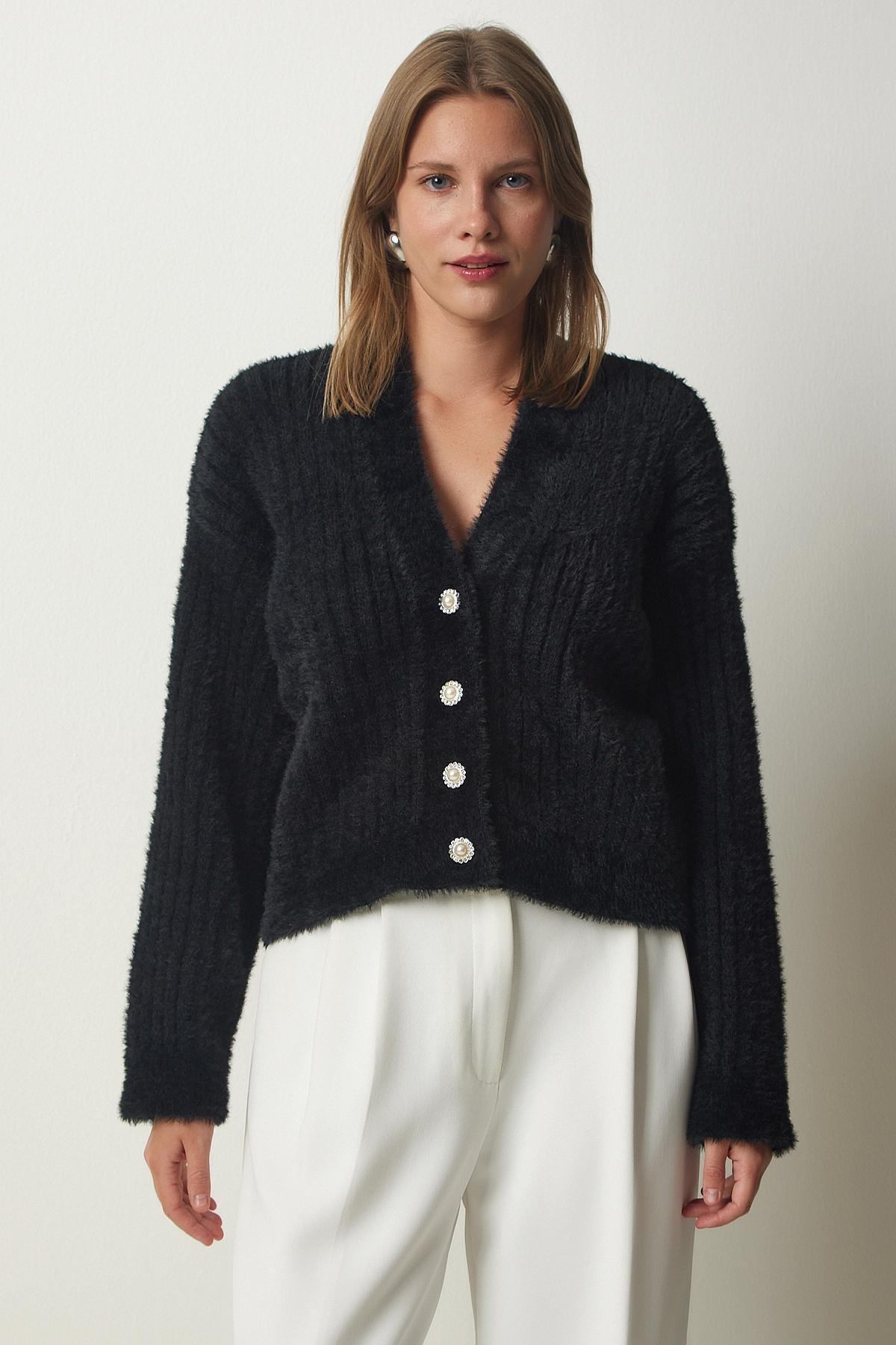 Black Pearl Button Bearded Cardigan, , large image number 0