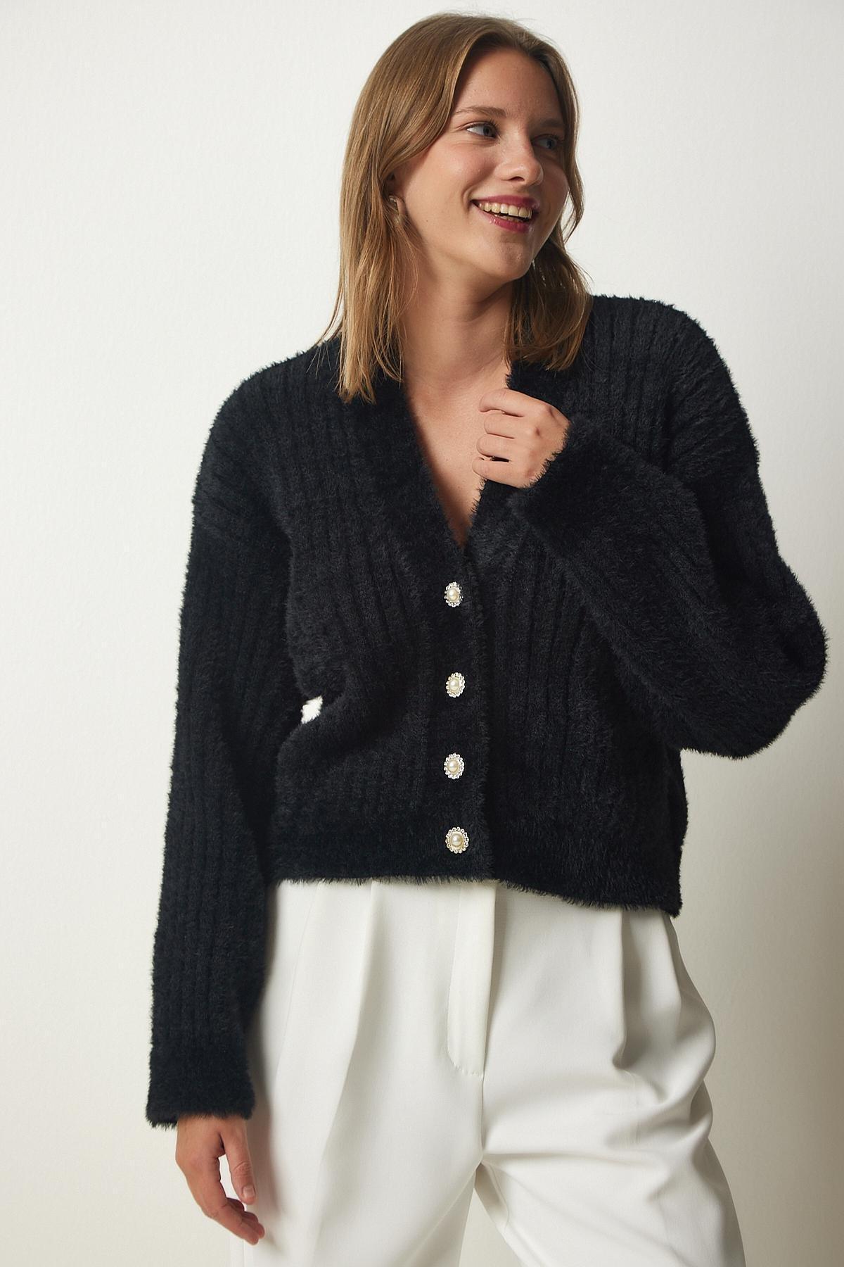 Black Pearl Button Bearded Cardigan, , large image number 1