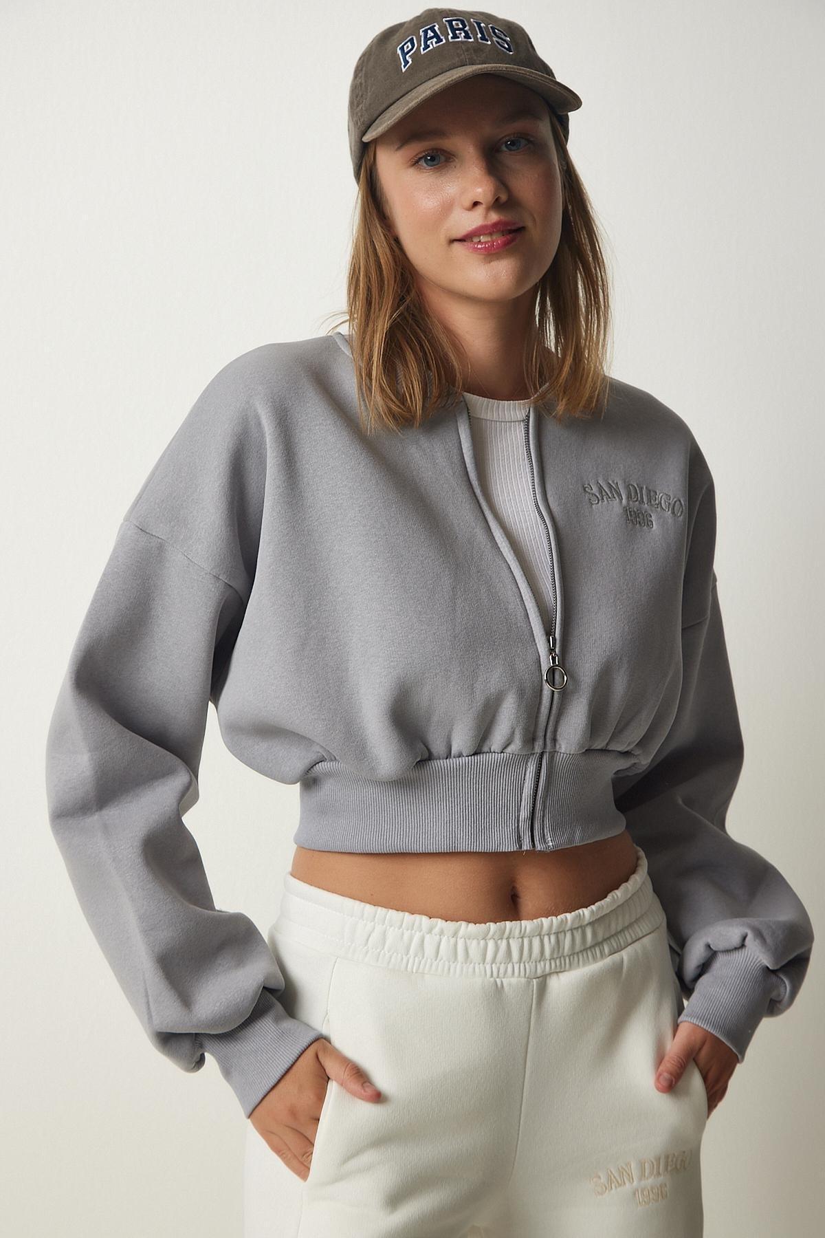 Grey Zippered Crop Knitted Sweatshirt, , large image number 1
