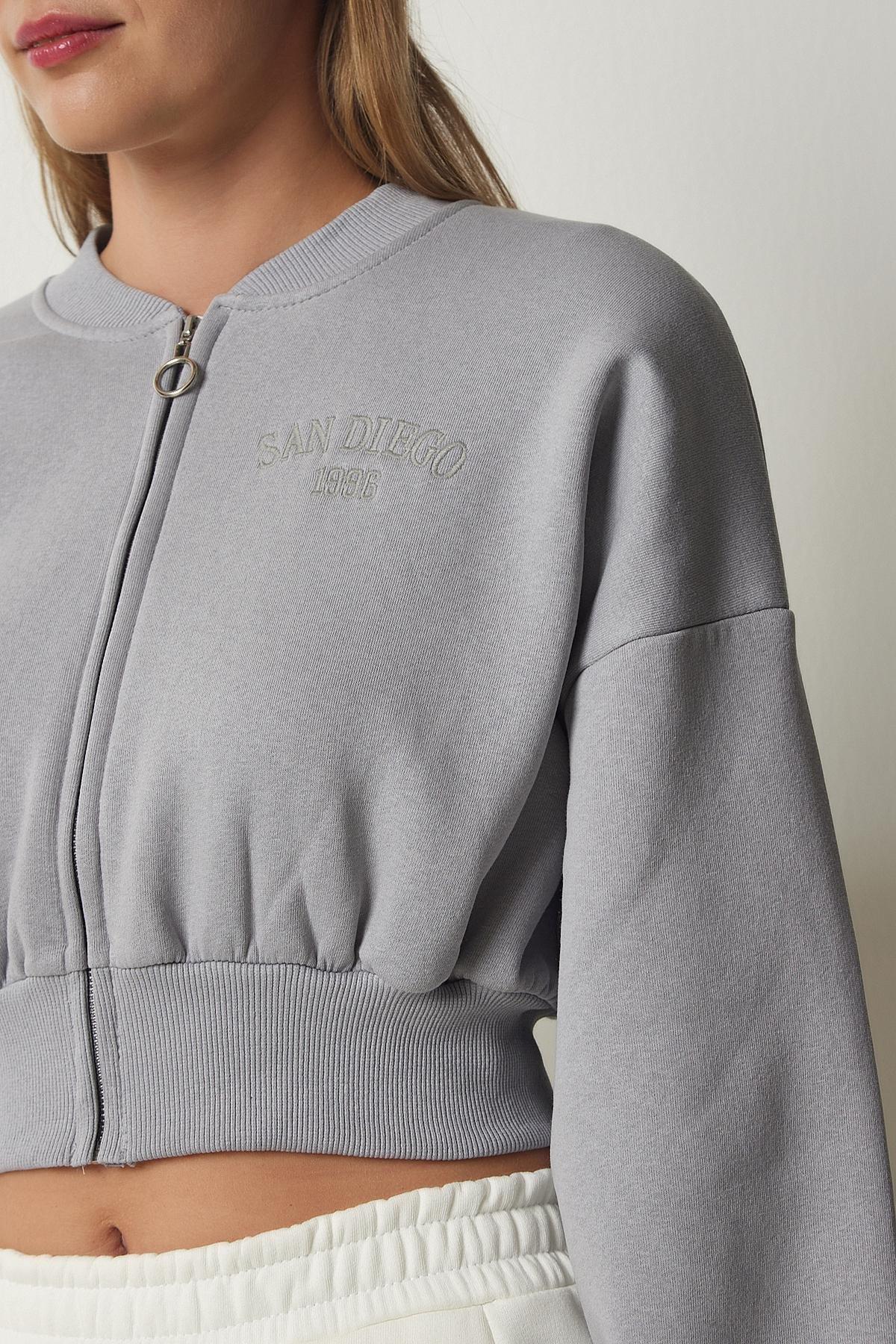 Grey Zippered Crop Knitted Sweatshirt, , large image number 3