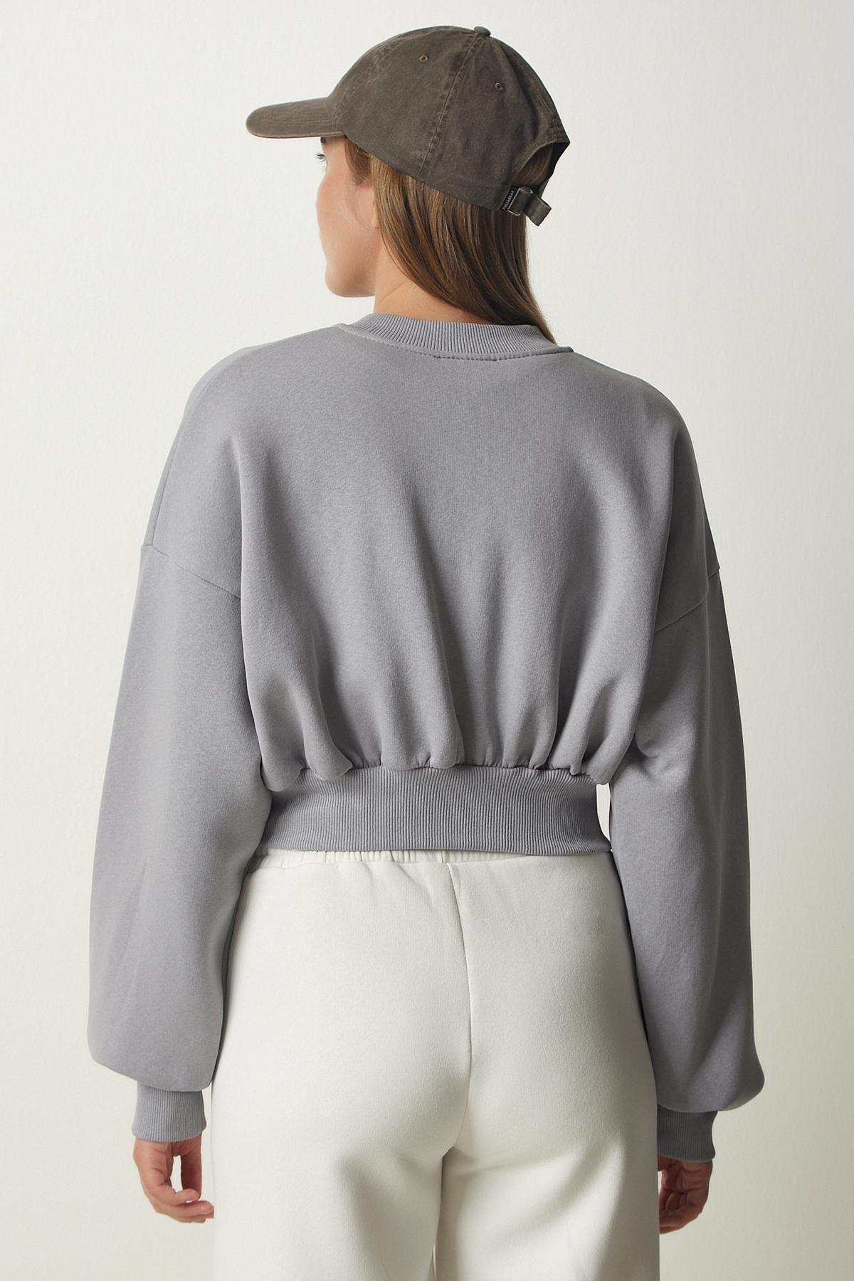 Grey Zippered Crop Knitted Sweatshirt, , large image number 4