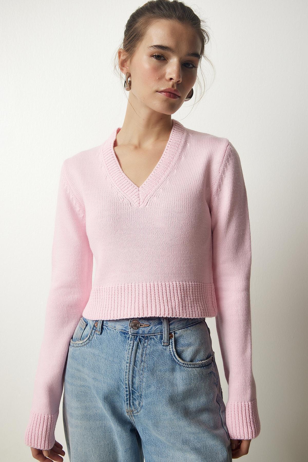 Pink V-Neck Crop Knitwear Sweater, LIGHT PINK, large image number 0