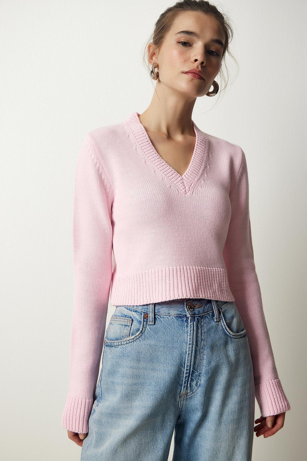 Pink V-Neck Crop Knitwear Sweater, LIGHT PINK, large image number 1