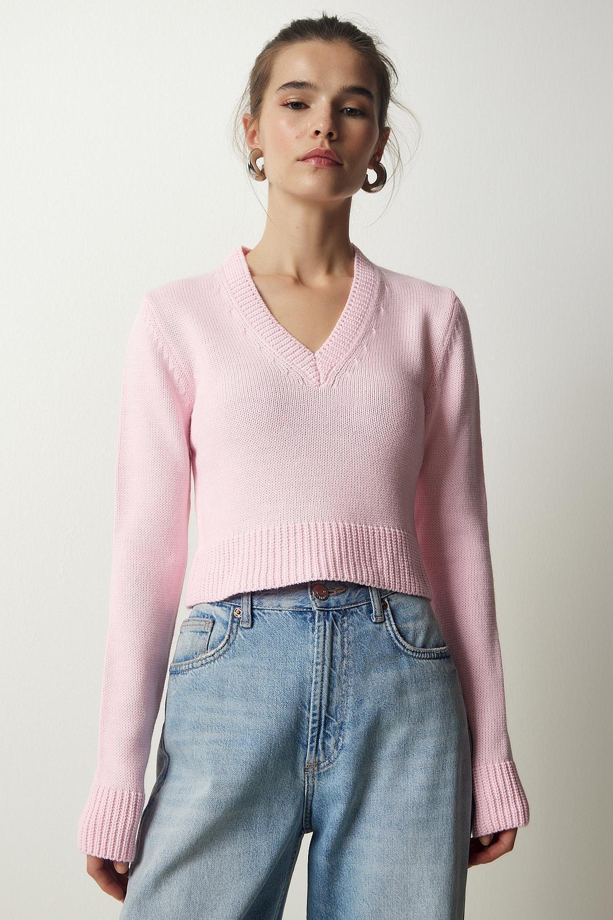 Pink V-Neck Crop Knitwear Sweater, LIGHT PINK, large image number 2