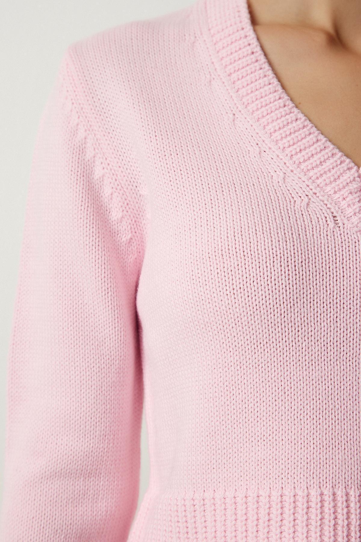 Pink V-Neck Crop Knitwear Sweater, LIGHT PINK, large image number 3