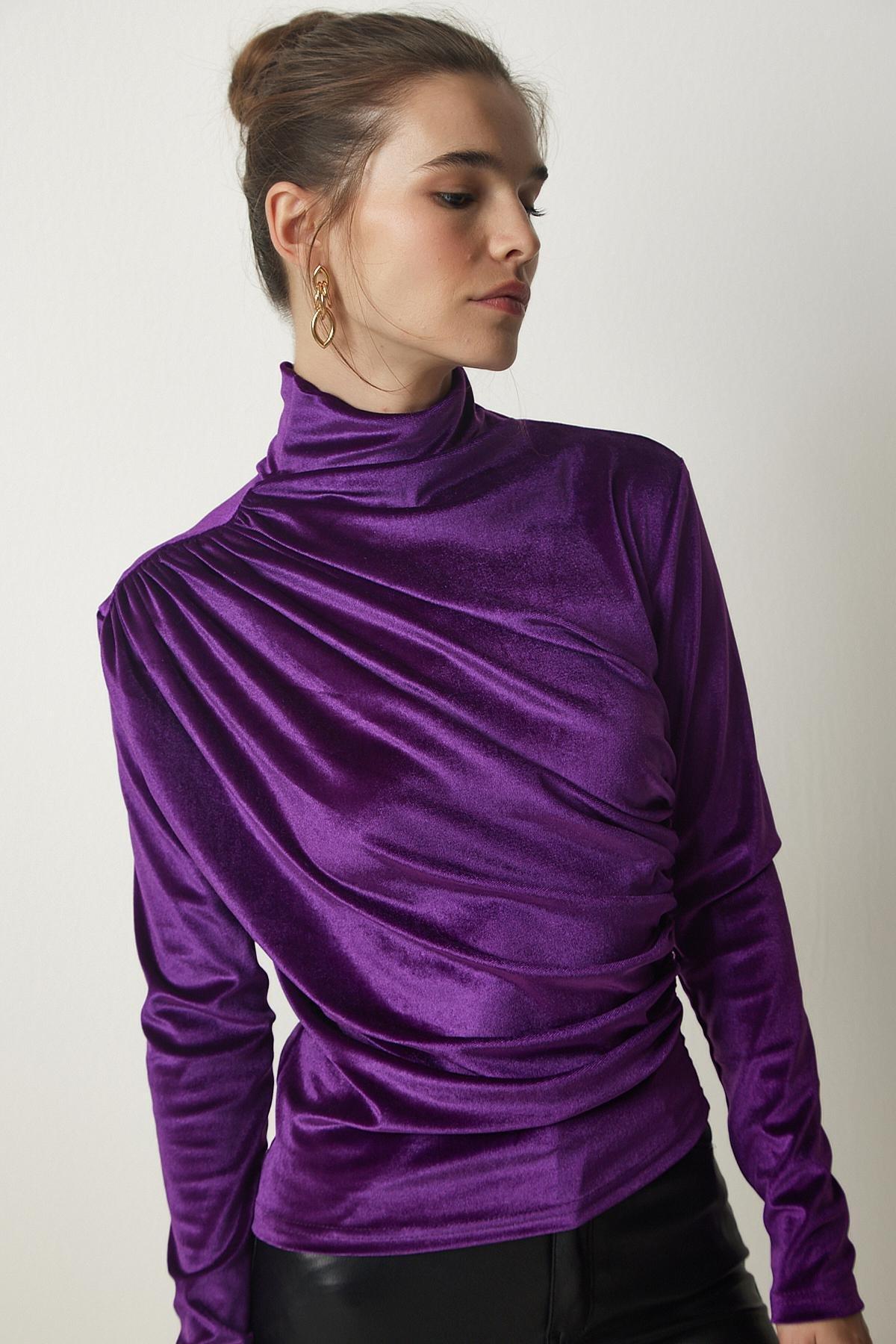 Purple Gathered Collared Blouse, Purple, large image number 0