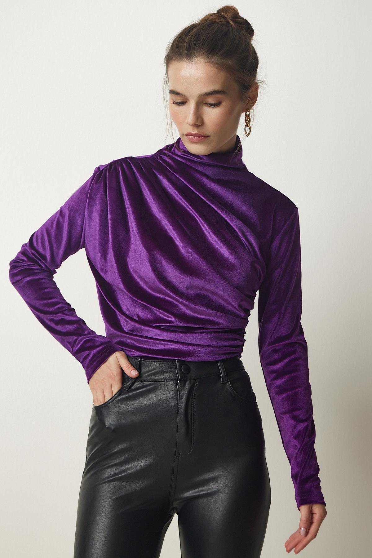 Purple Gathered Collared Blouse, Purple, large image number 1