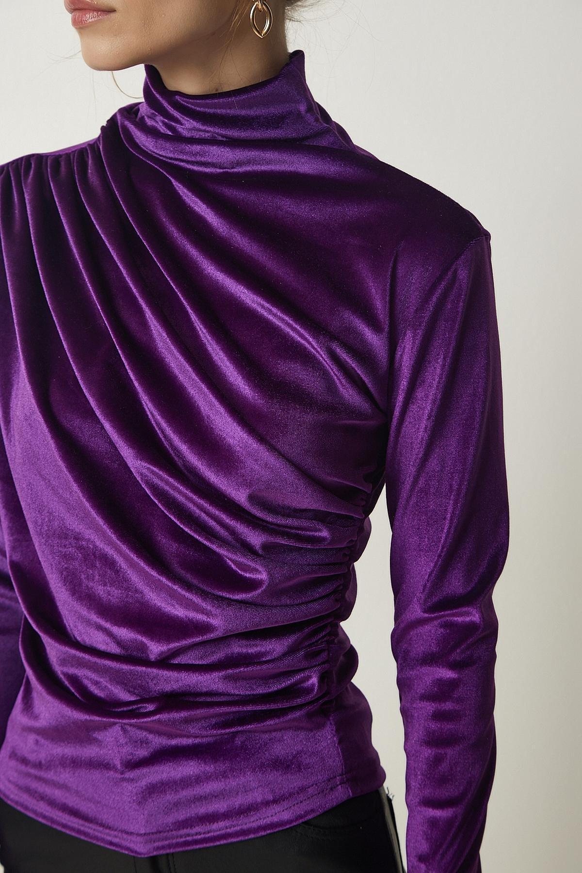 Purple Gathered Collared Blouse, Purple, large image number 3