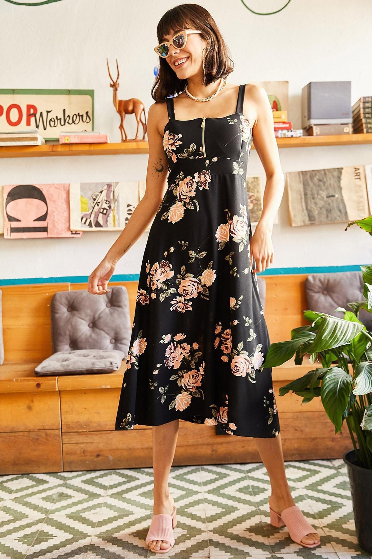 Black Zipper Patterned Dress, , large image number 0