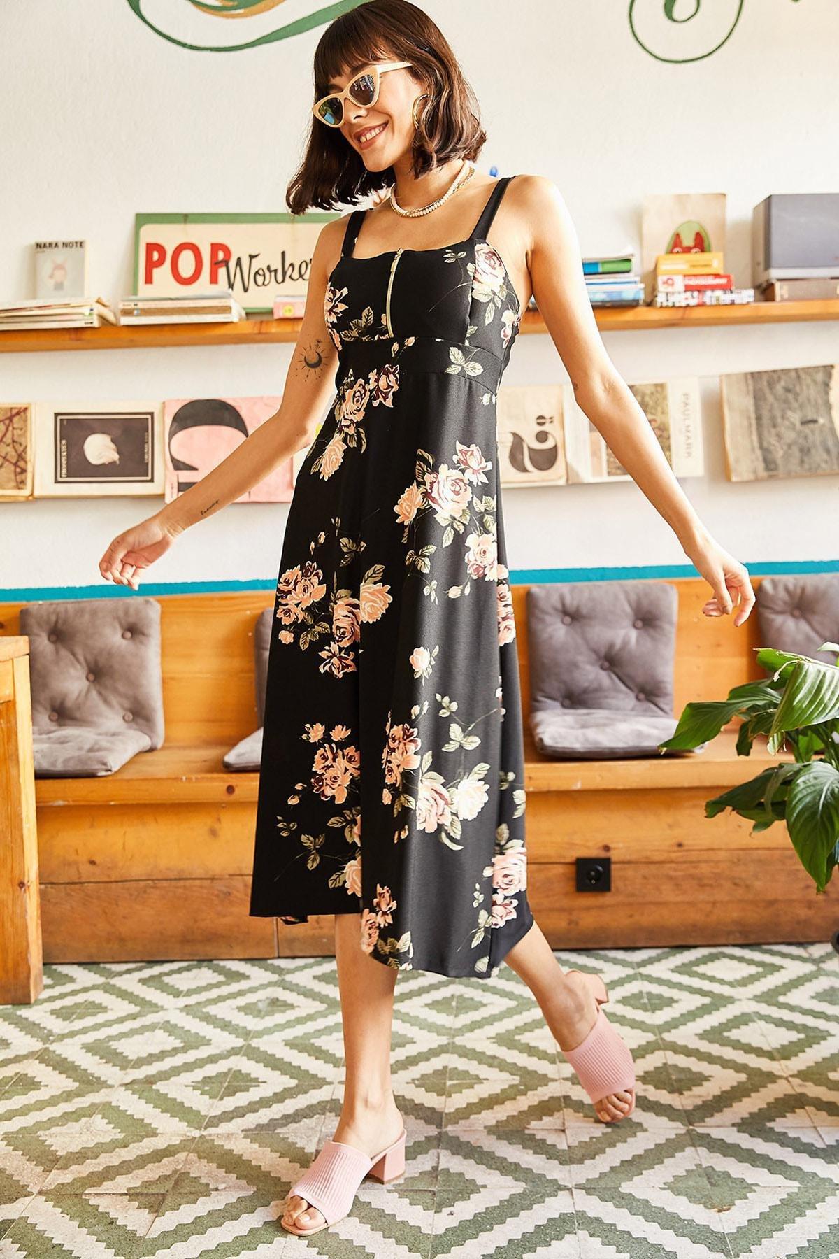 Black Zipper Patterned Dress, , large image number 1