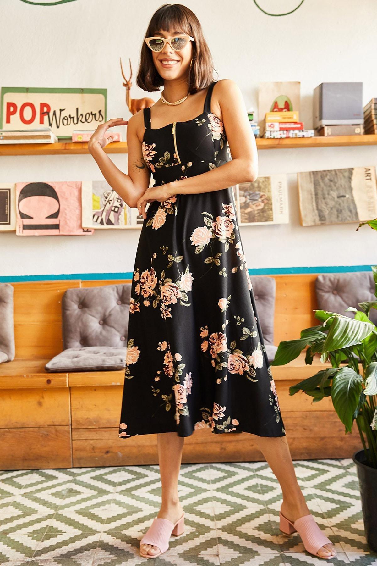 Black Zipper Patterned Dress, , large image number 3