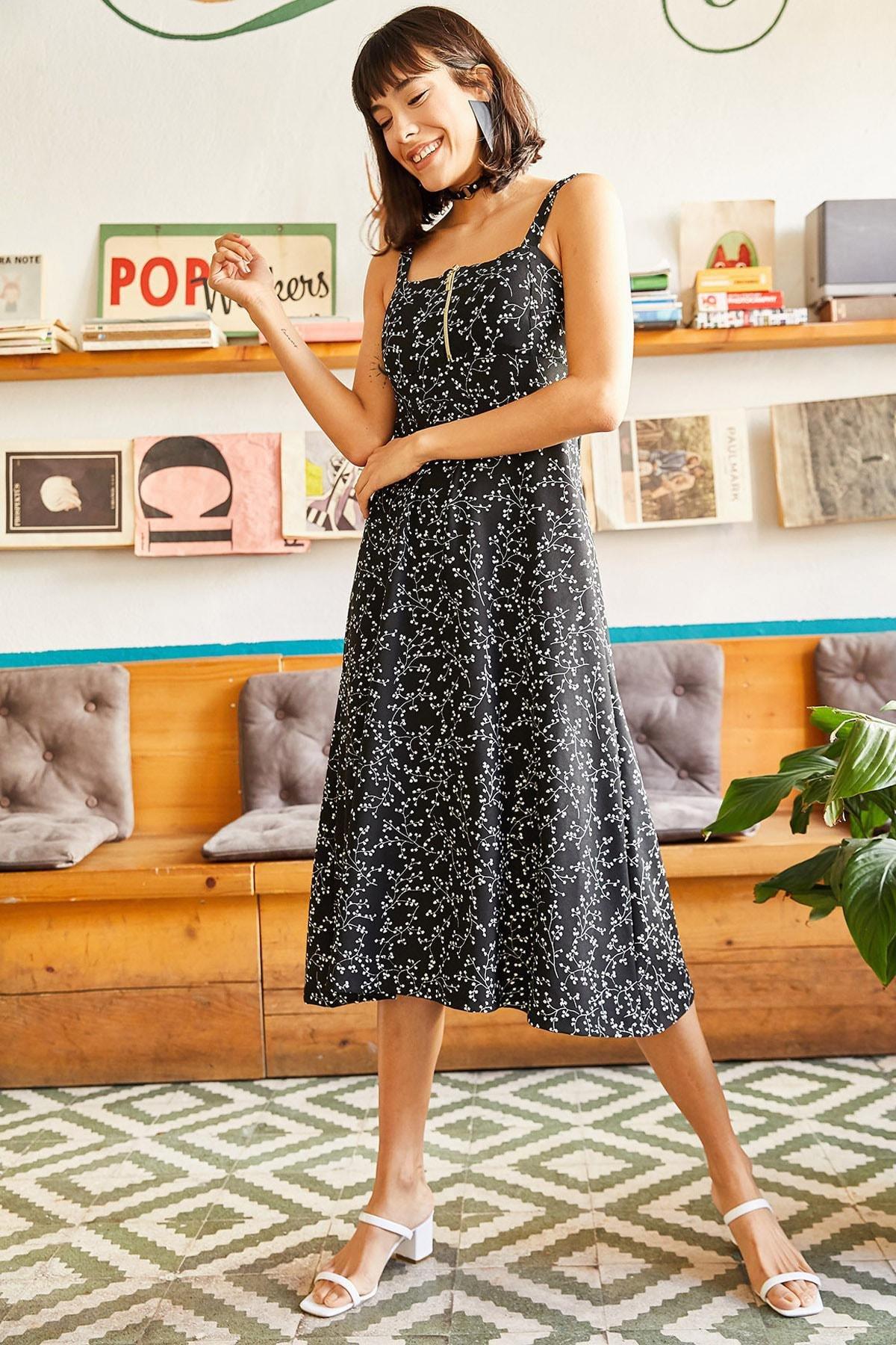 Black Zippered Patterned Dress, , large image number 0
