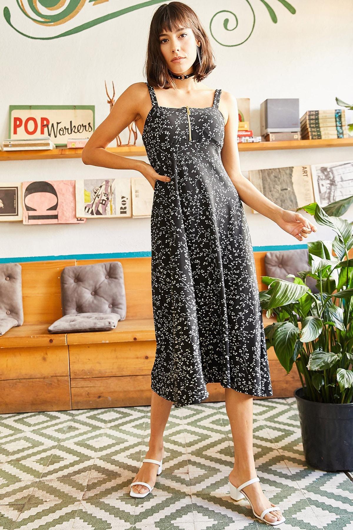 Black Zippered Patterned Dress, , large image number 3