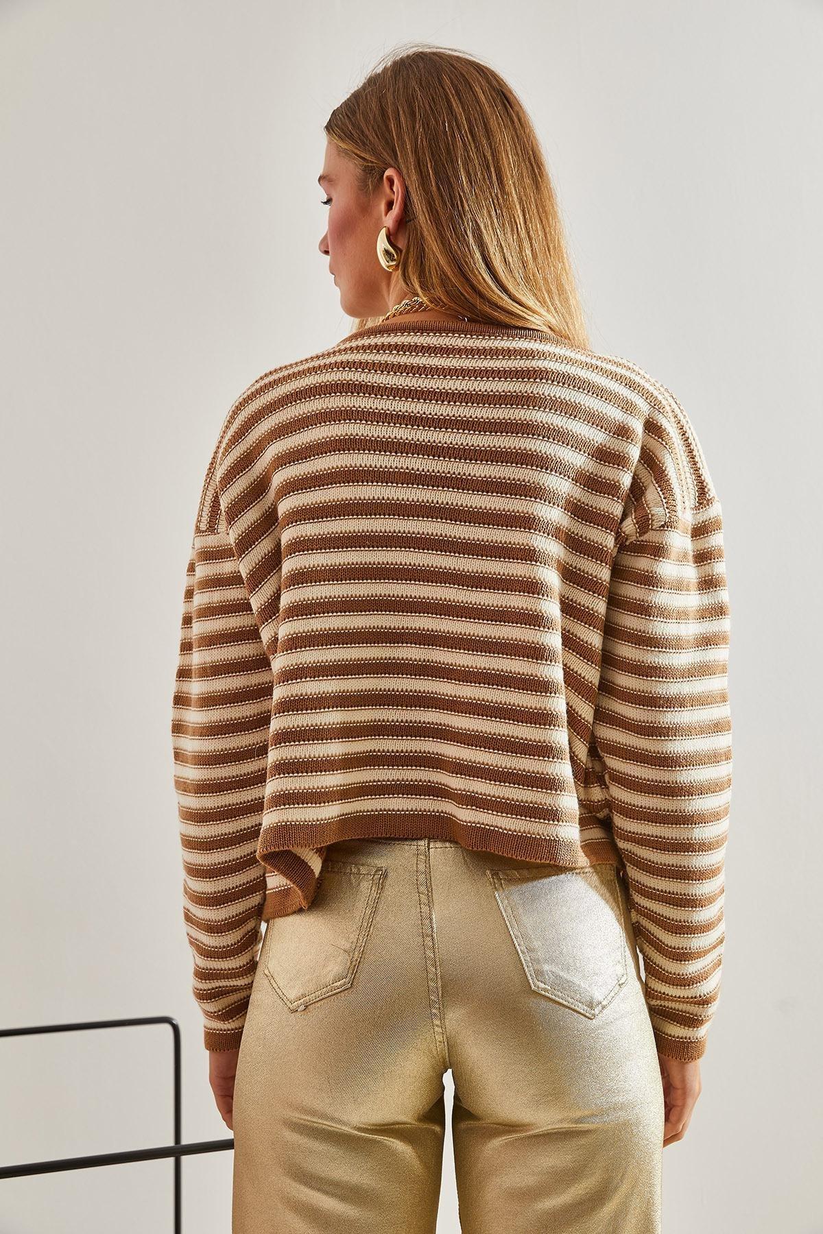 Brown Buttoned Striped Knitwear Cardigan, Camel-White, large image number 3