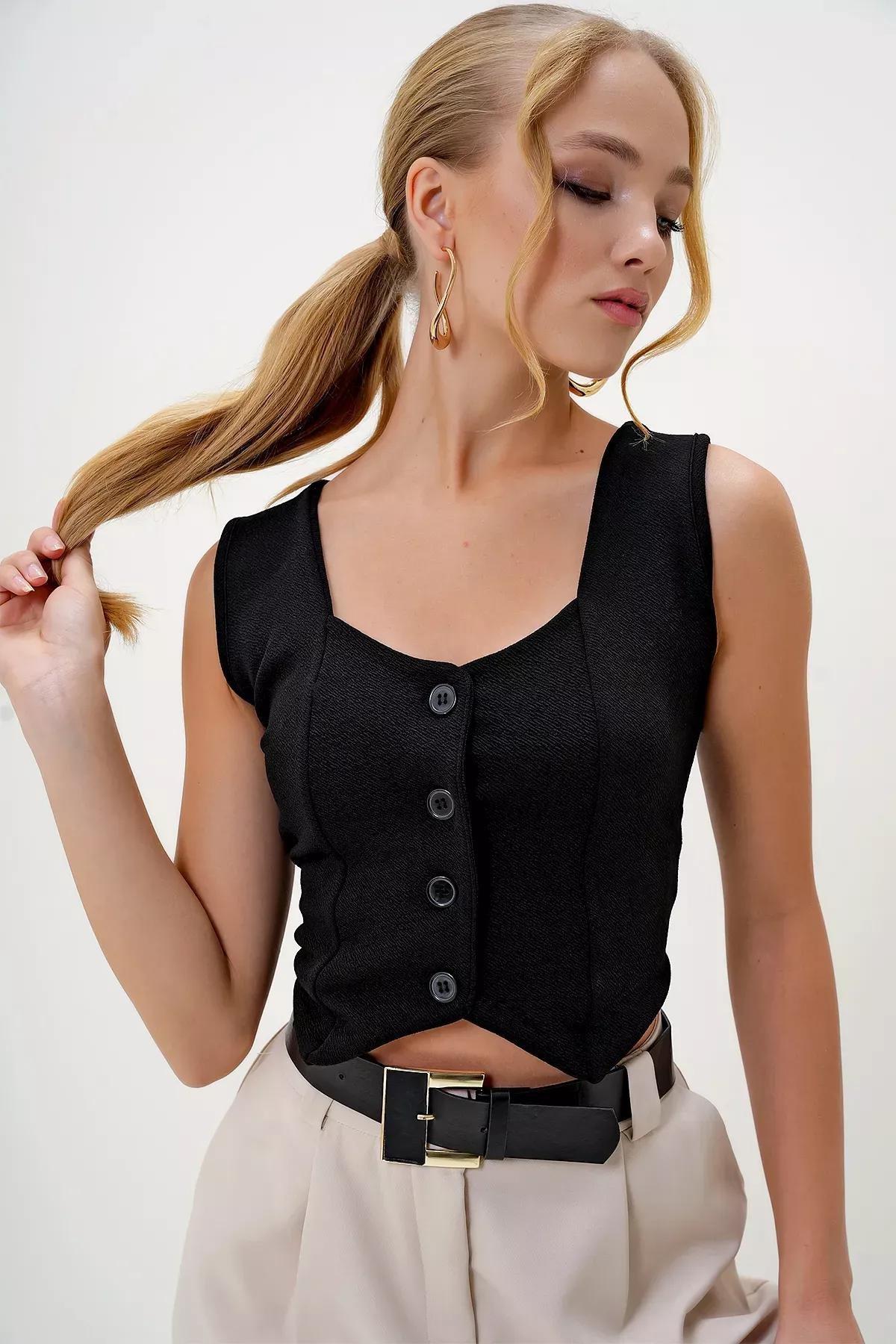 Black Collared Buttoned Crop Vest, BLACK, large image number 0