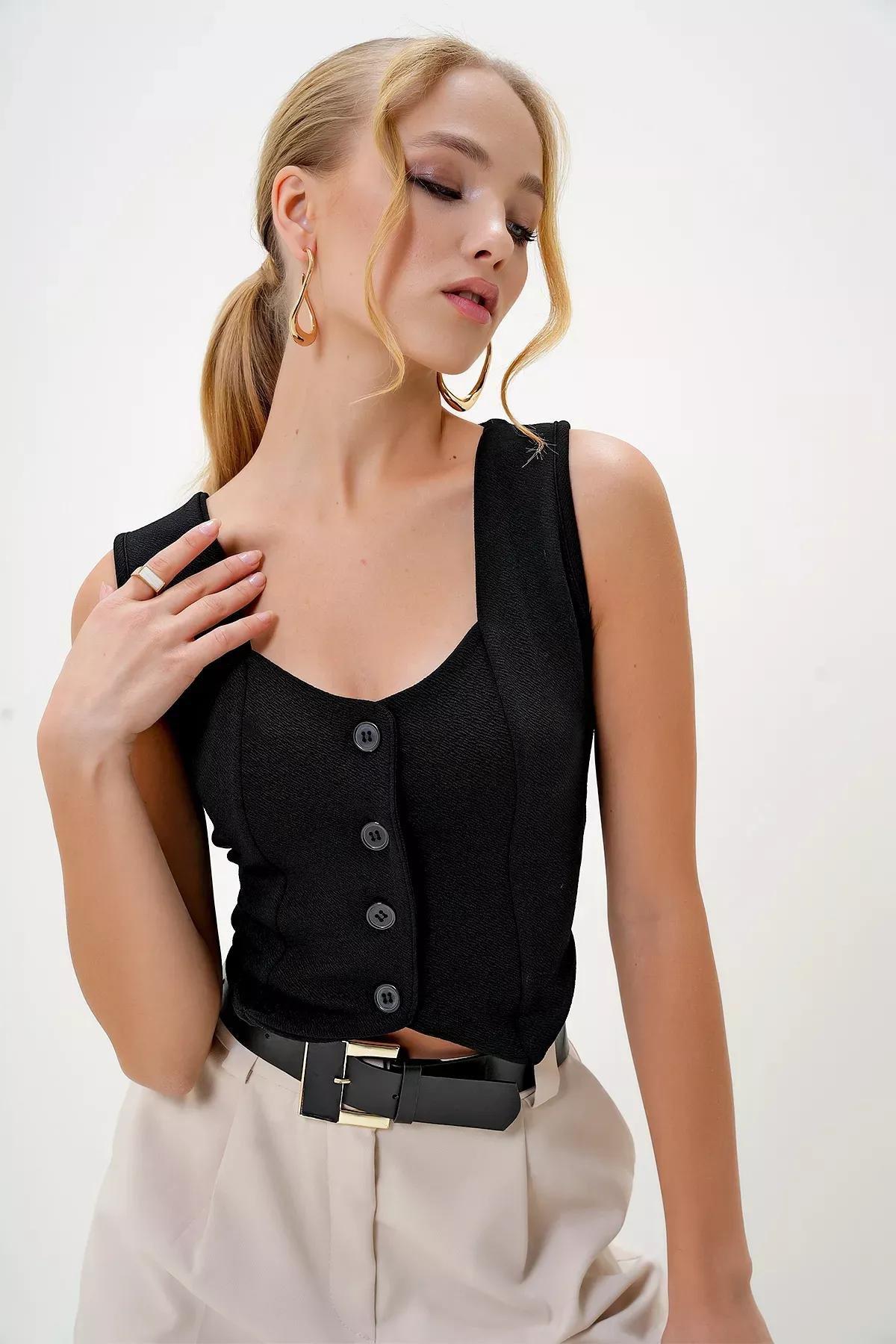 Black Collared Buttoned Crop Vest, BLACK, large image number 1