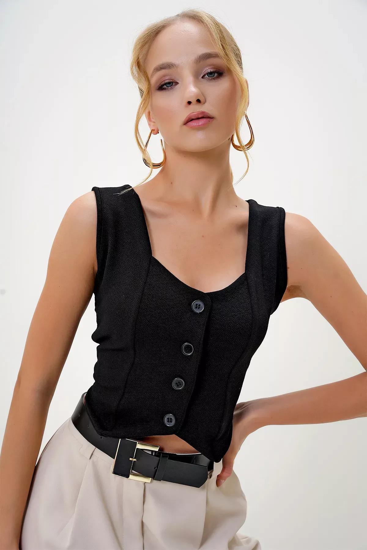 Black Collared Buttoned Crop Vest, BLACK, large image number 3
