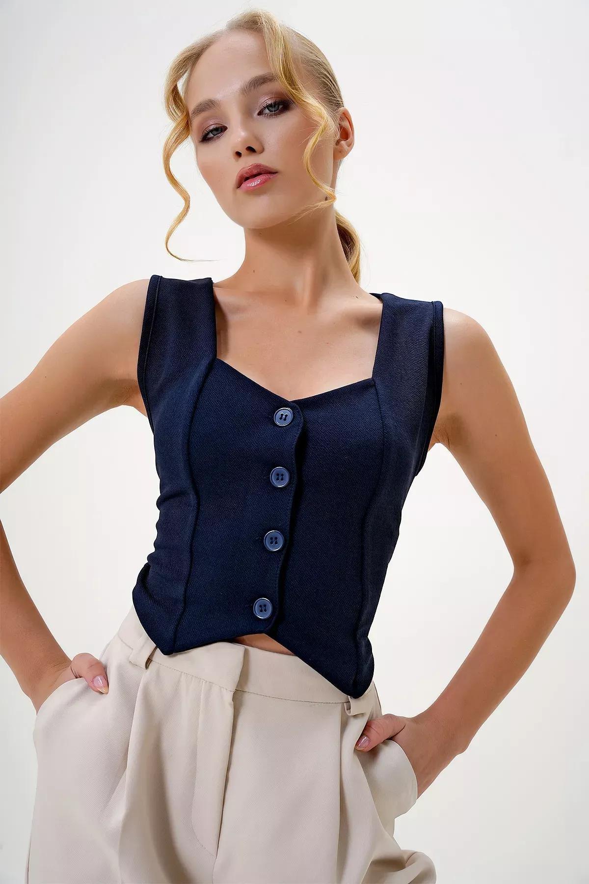 Navy Buttoned Crop Vest, Navy blue, large image number 0