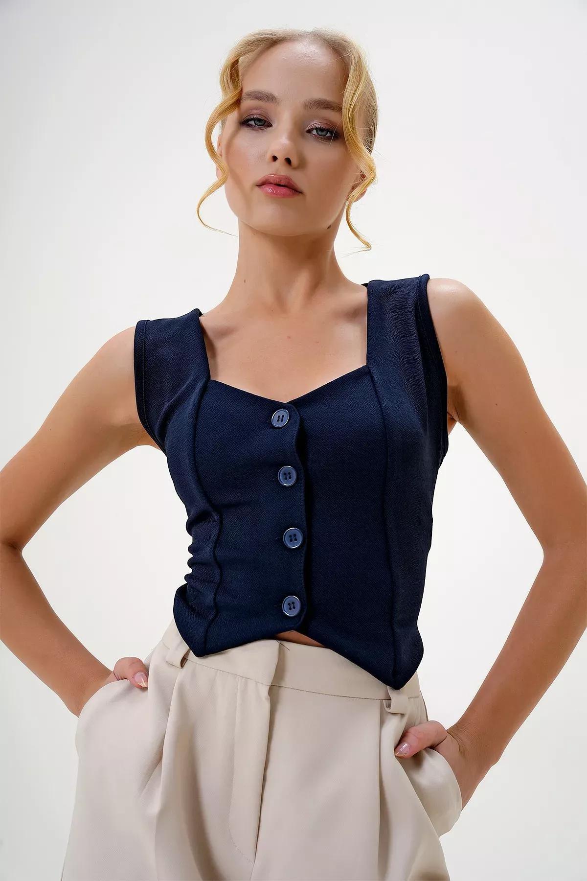 Navy Buttoned Crop Vest, Navy blue, large image number 1