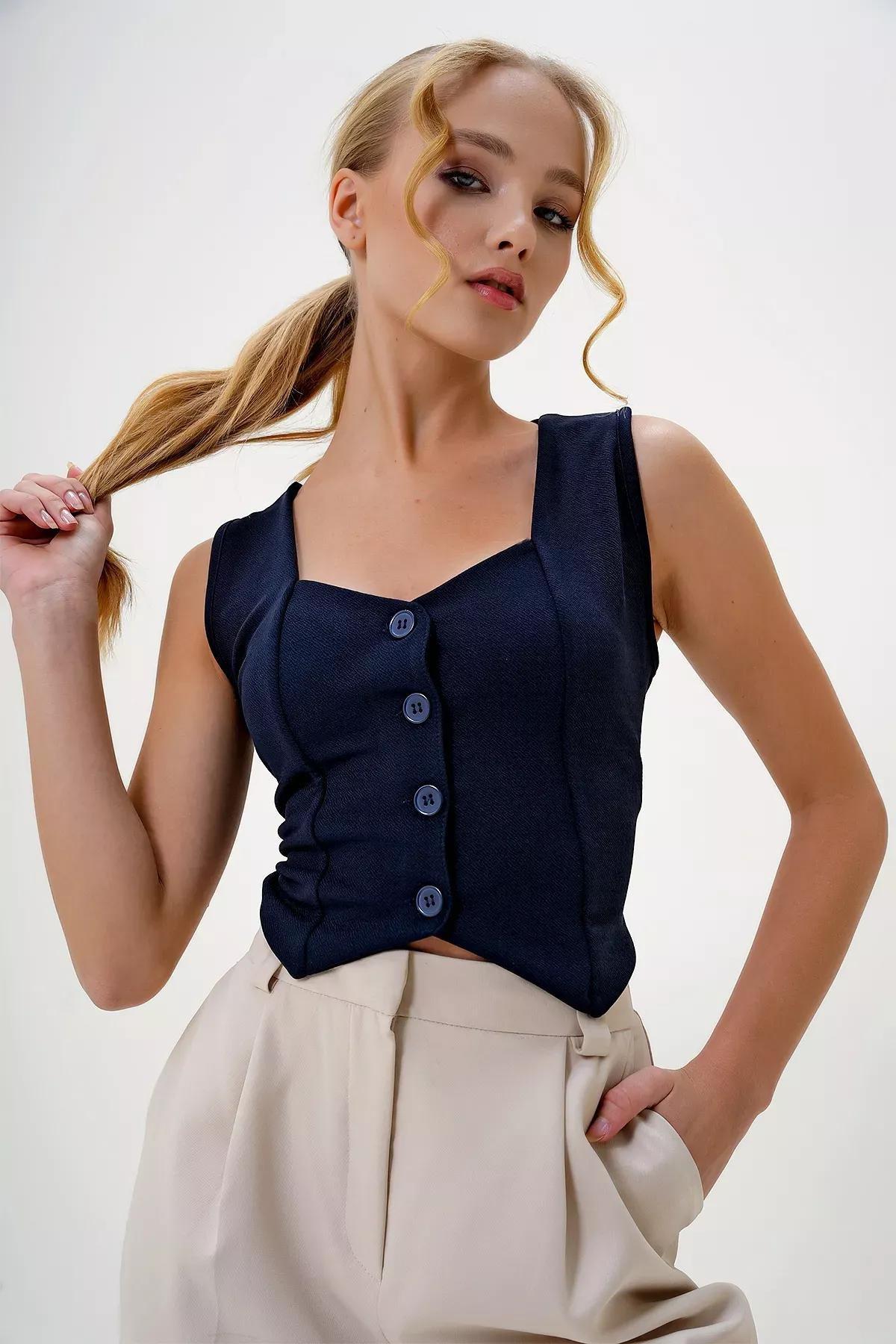 Navy Buttoned Crop Vest, Navy blue, large image number 2