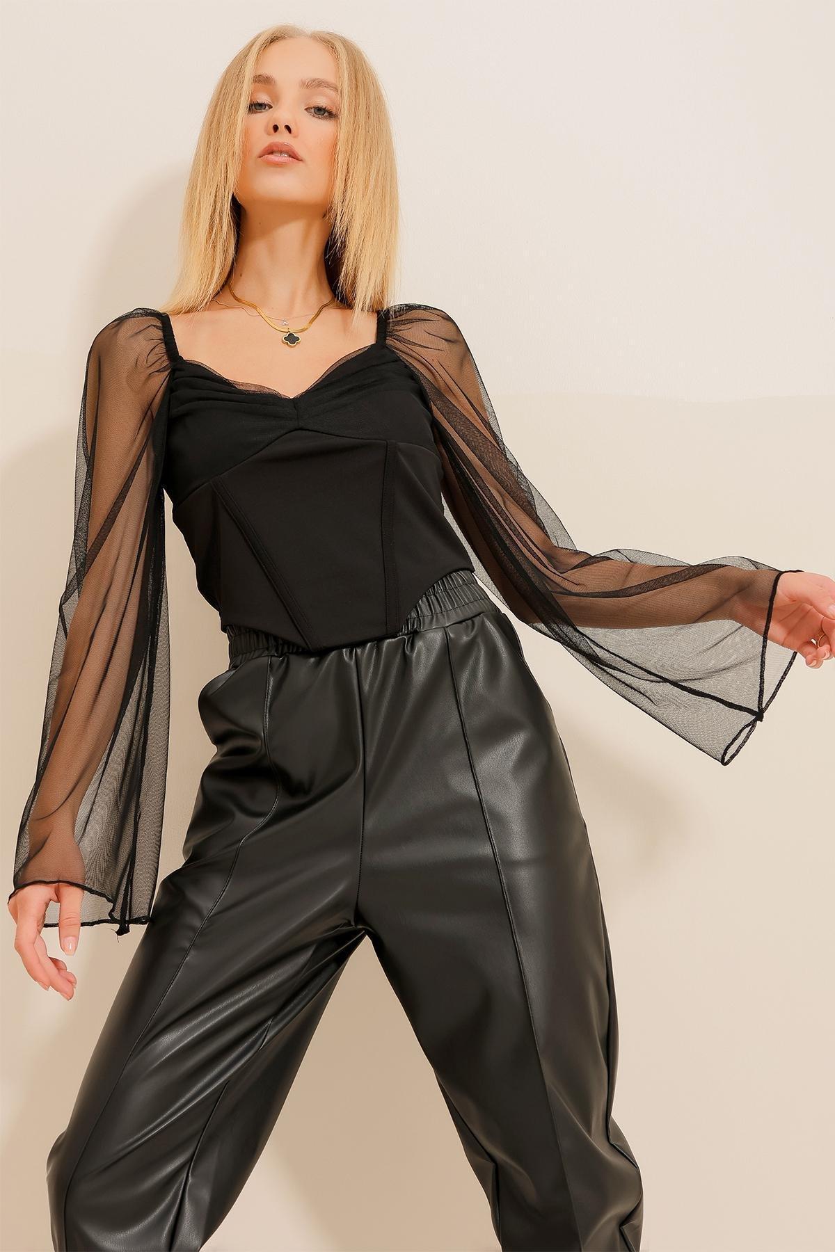 Black Lace Details Blouse ALC-X11124, BLACK, large image number 1