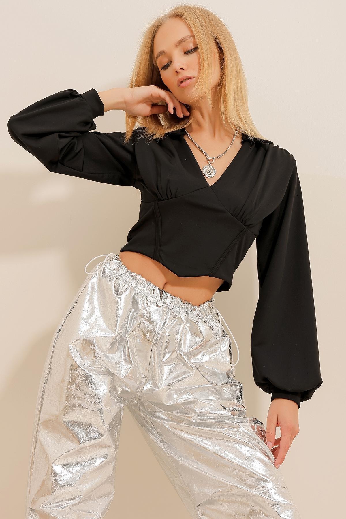 Black Satin Finish Cropped Blouse, , large image number 1