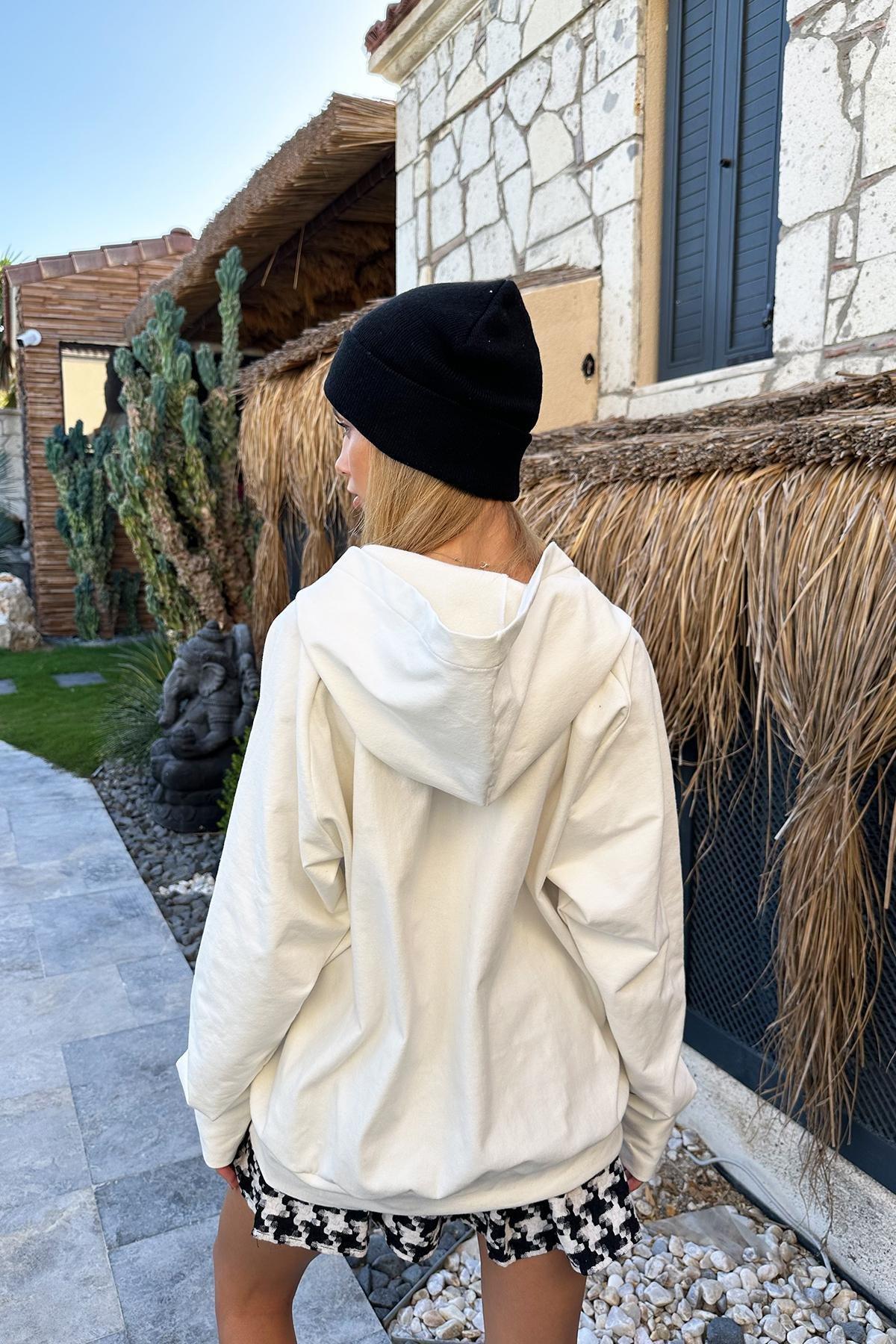 Womens Ecru Hooded Snap Closure 3 Thread Oversize Sweatshirt ALC-X11146, single, , large image number 4
