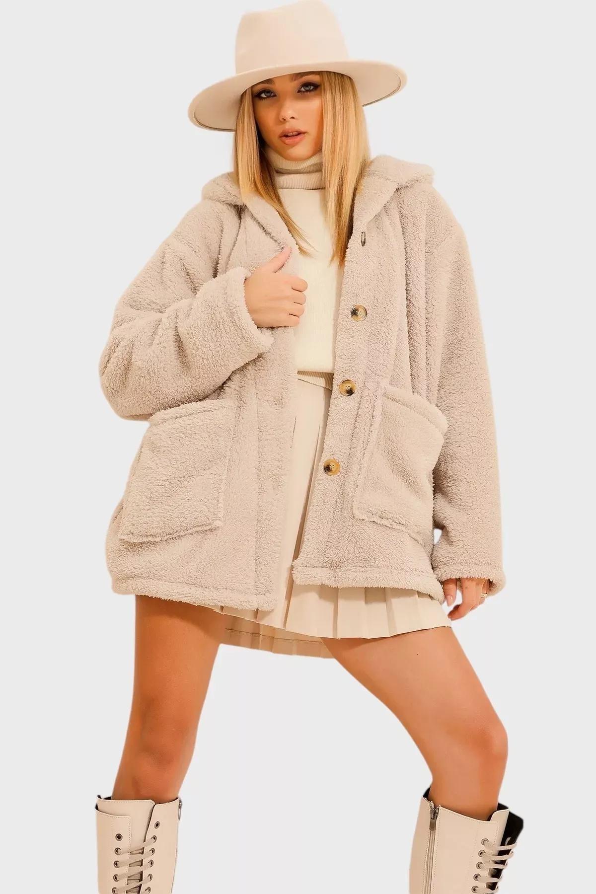 Beige Double Pocket Plush Jacket, , large image number 0