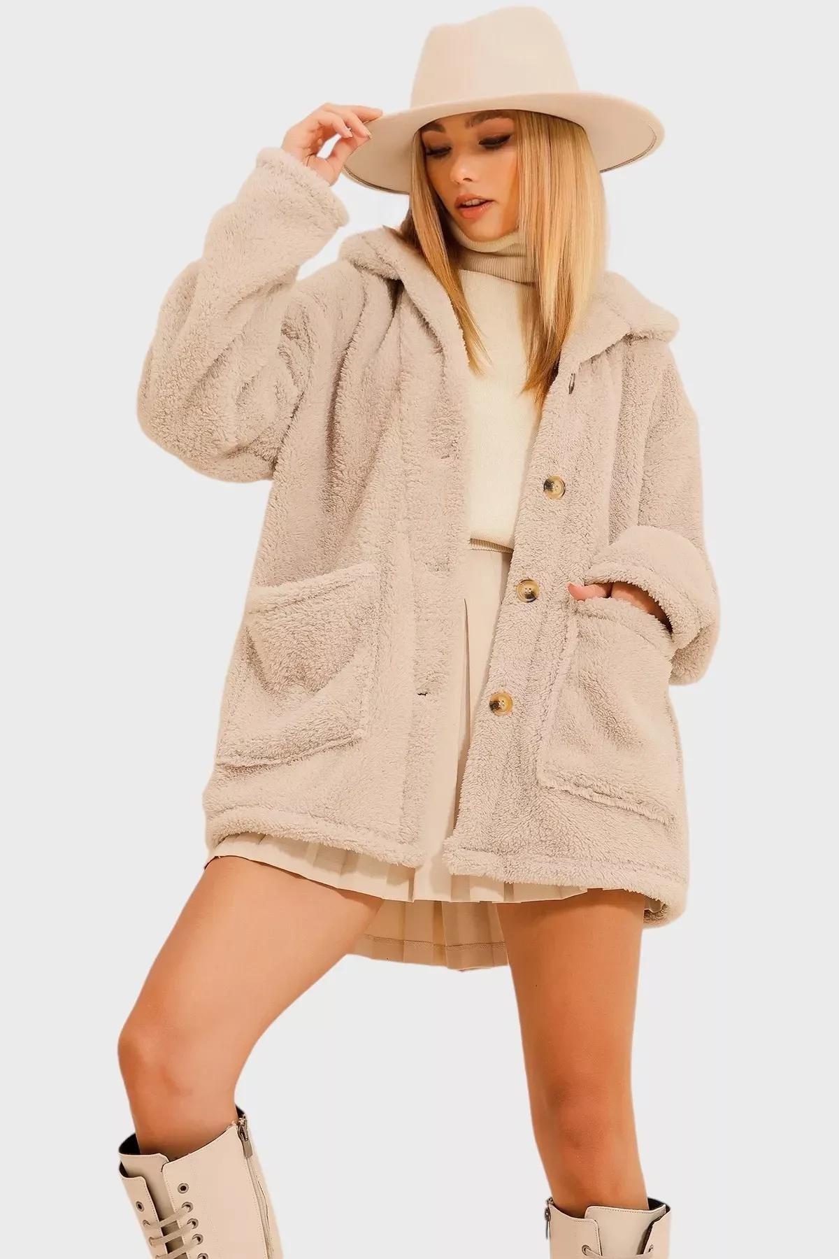 Beige Double Pocket Plush Jacket, , large image number 1
