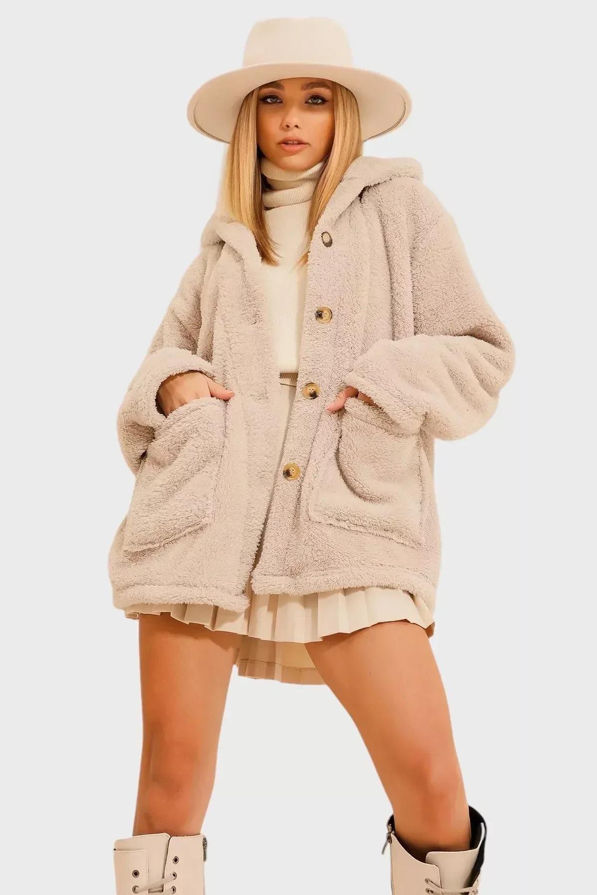 Beige Double Pocket Plush Jacket, , large image number 3