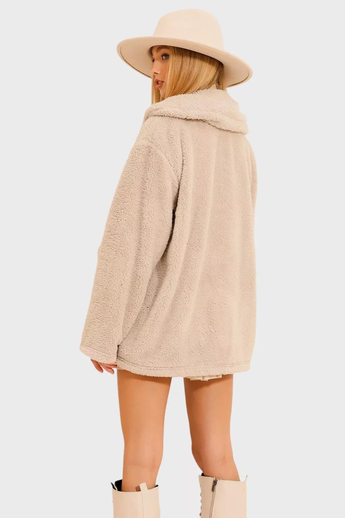Beige Double Pocket Plush Jacket, , large image number 4