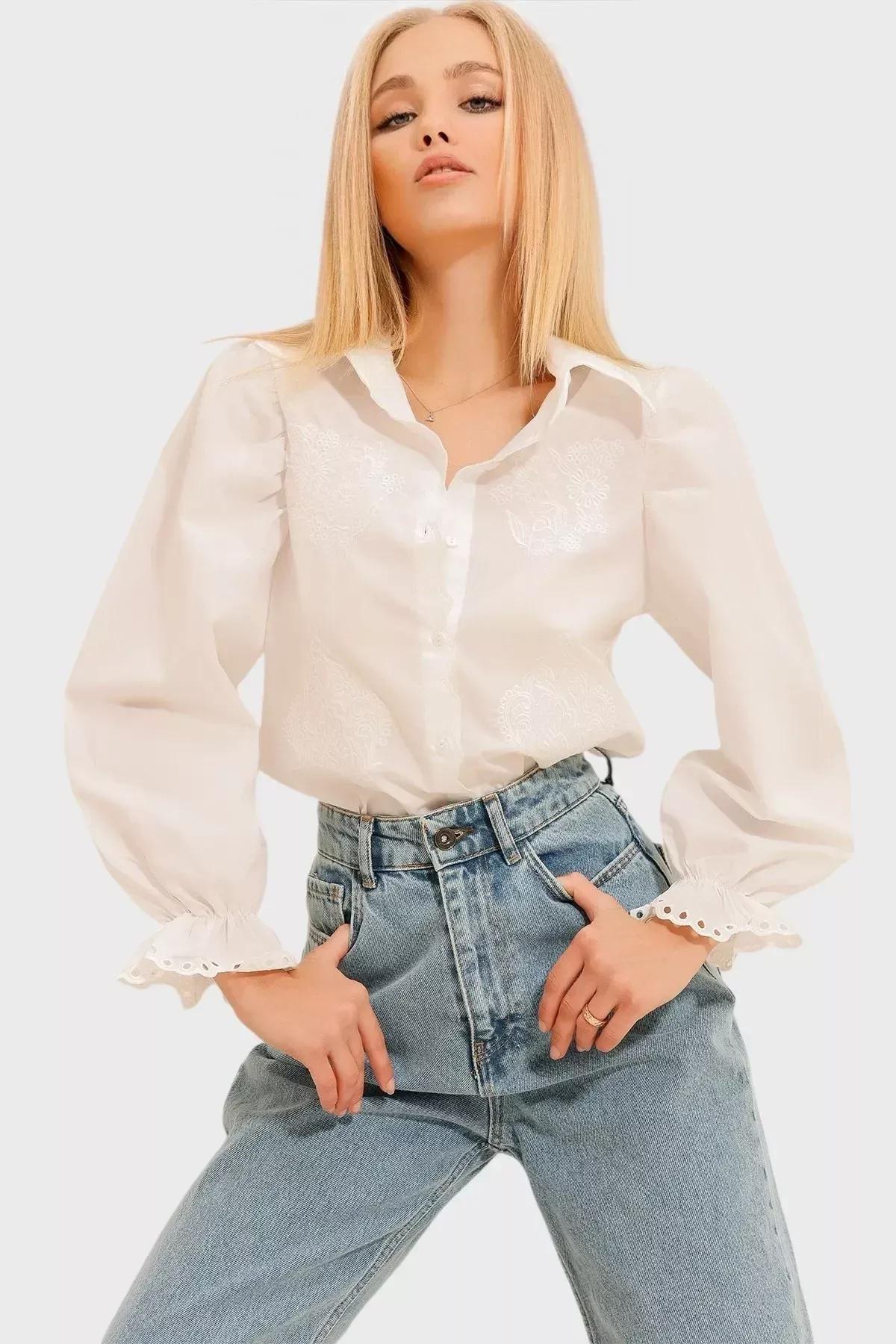 White Embroidered Balloon Sleeve Shirt, White, large image number 1