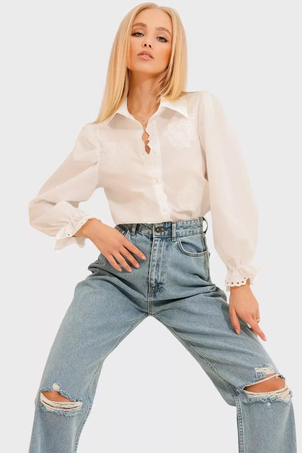 White Embroidered Balloon Sleeve Shirt, White, large image number 2