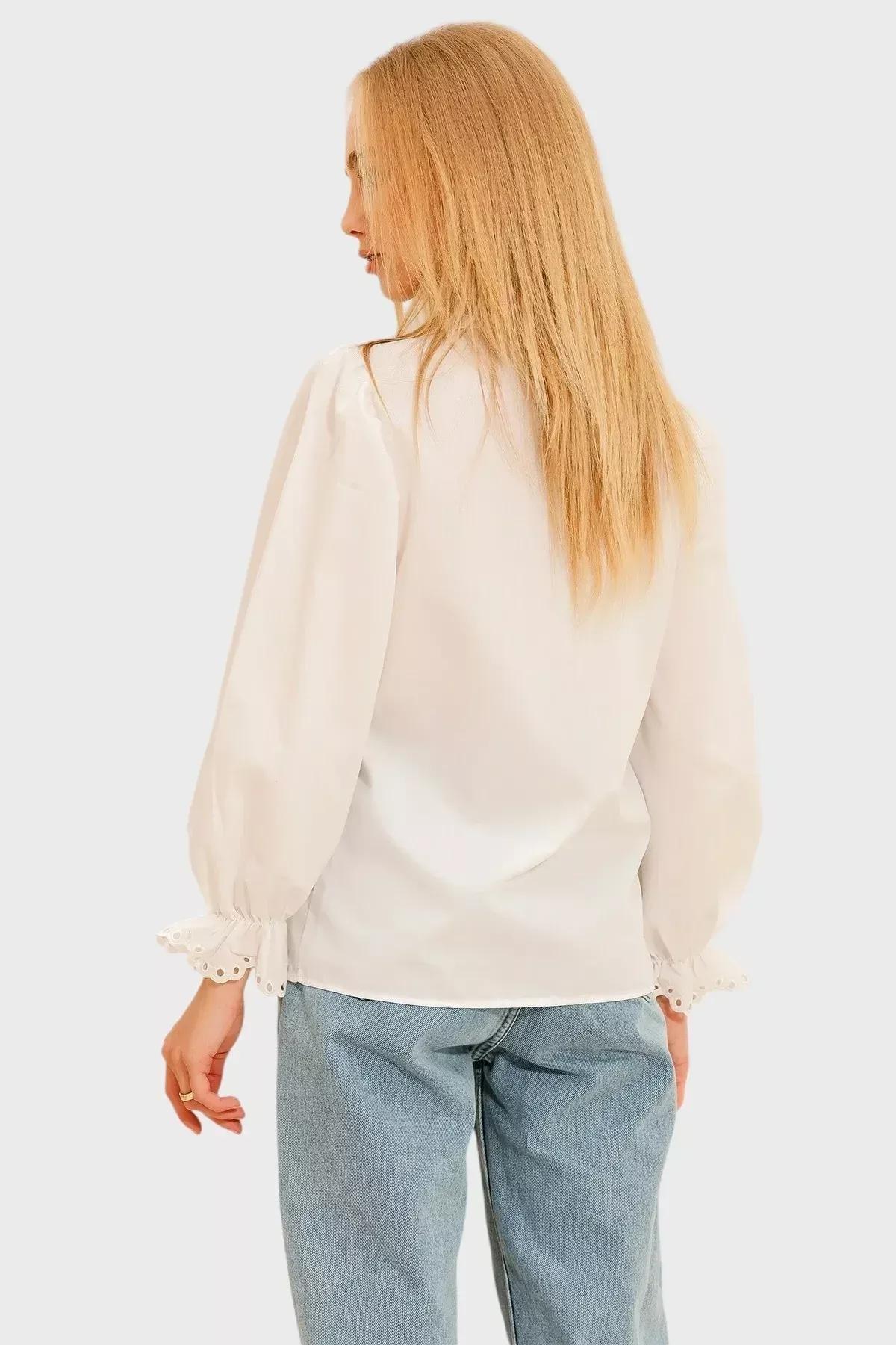 White Embroidered Balloon Sleeve Shirt, White, large image number 3